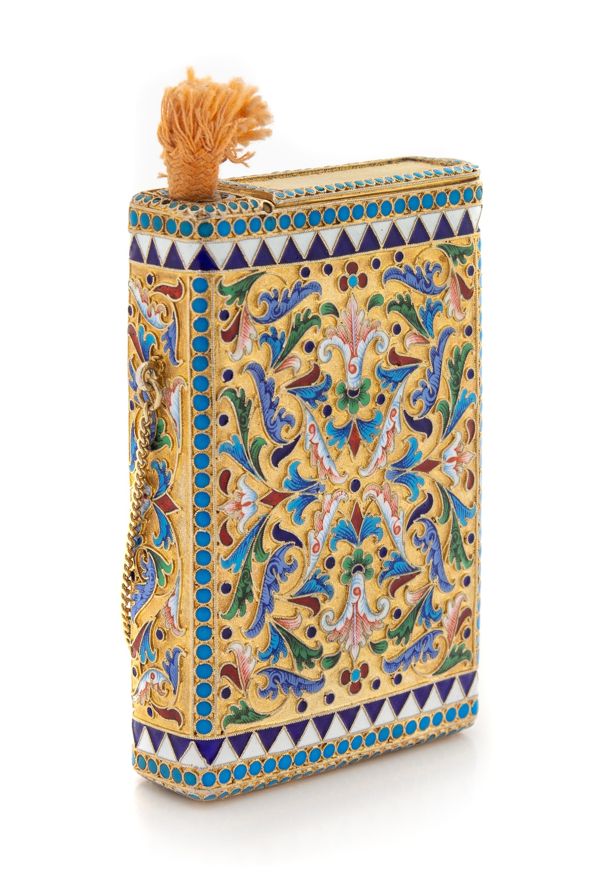 A Russian Silver-Gilt and Enamel Cigarette Case, Mark of Ivan Saltykov, Moscow, Late 19th Century, the case with polychrome enameled fl