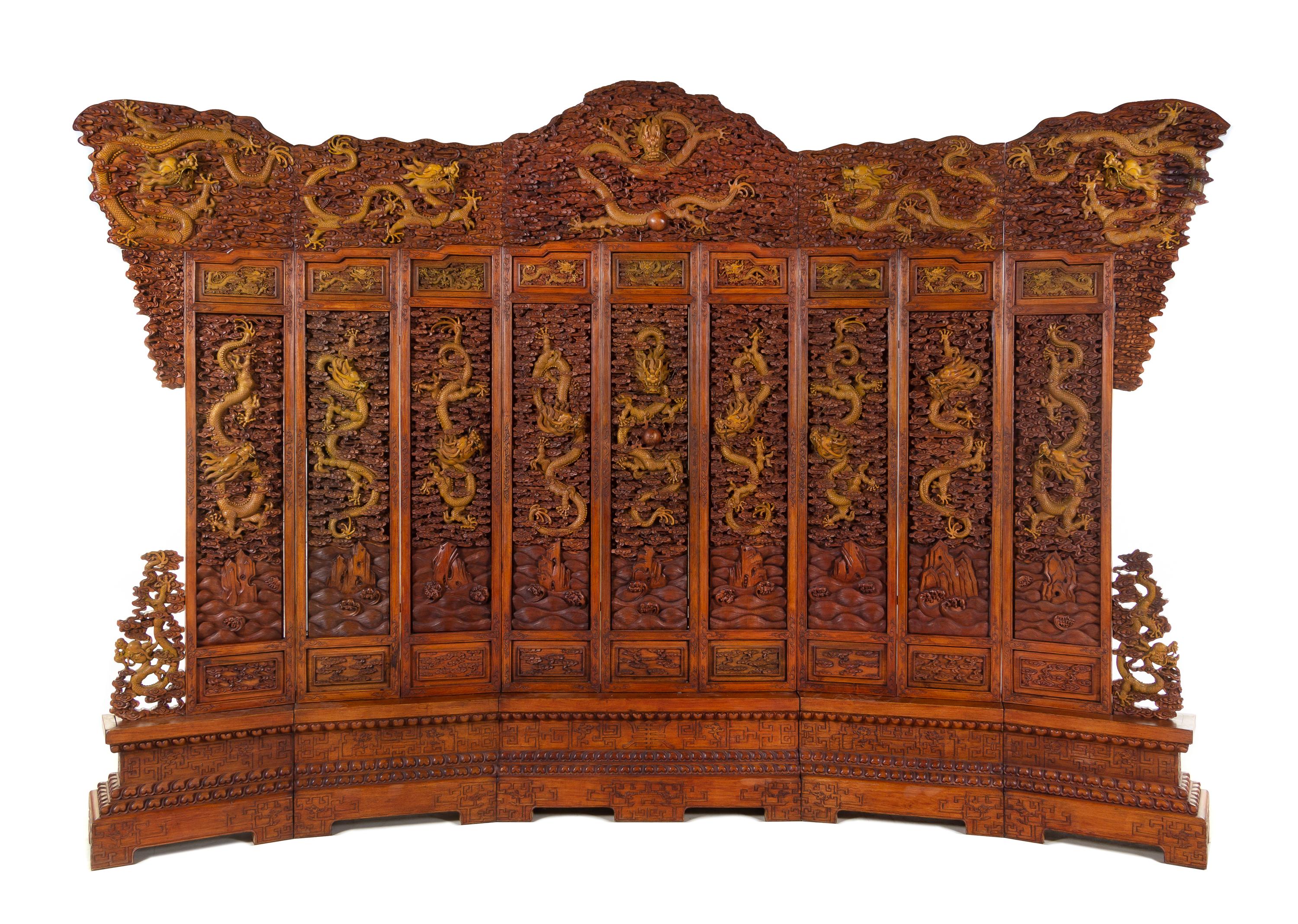 A Large Chinese Export Carved Hardwood 'Dragon and Clouds' Screen