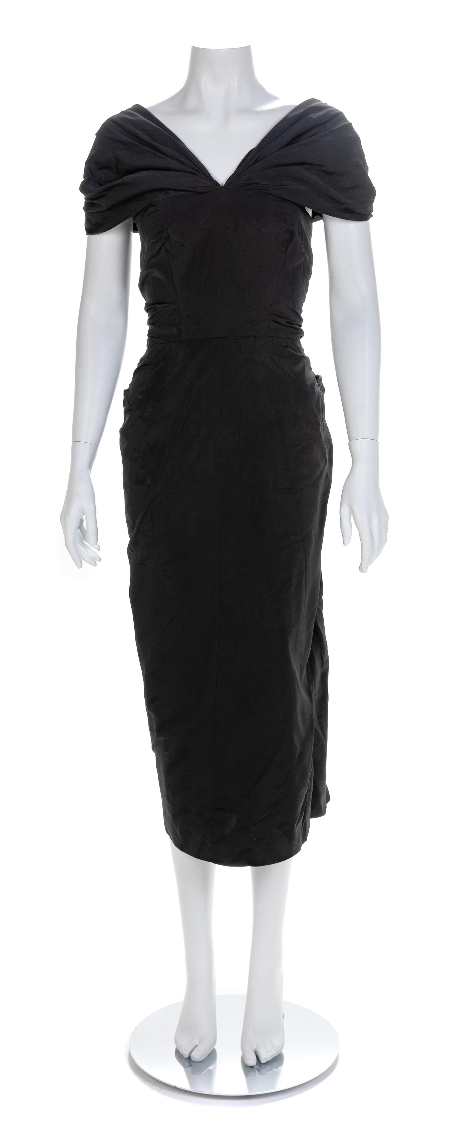 Black Evening Dress with Bustle, 1950s No size label