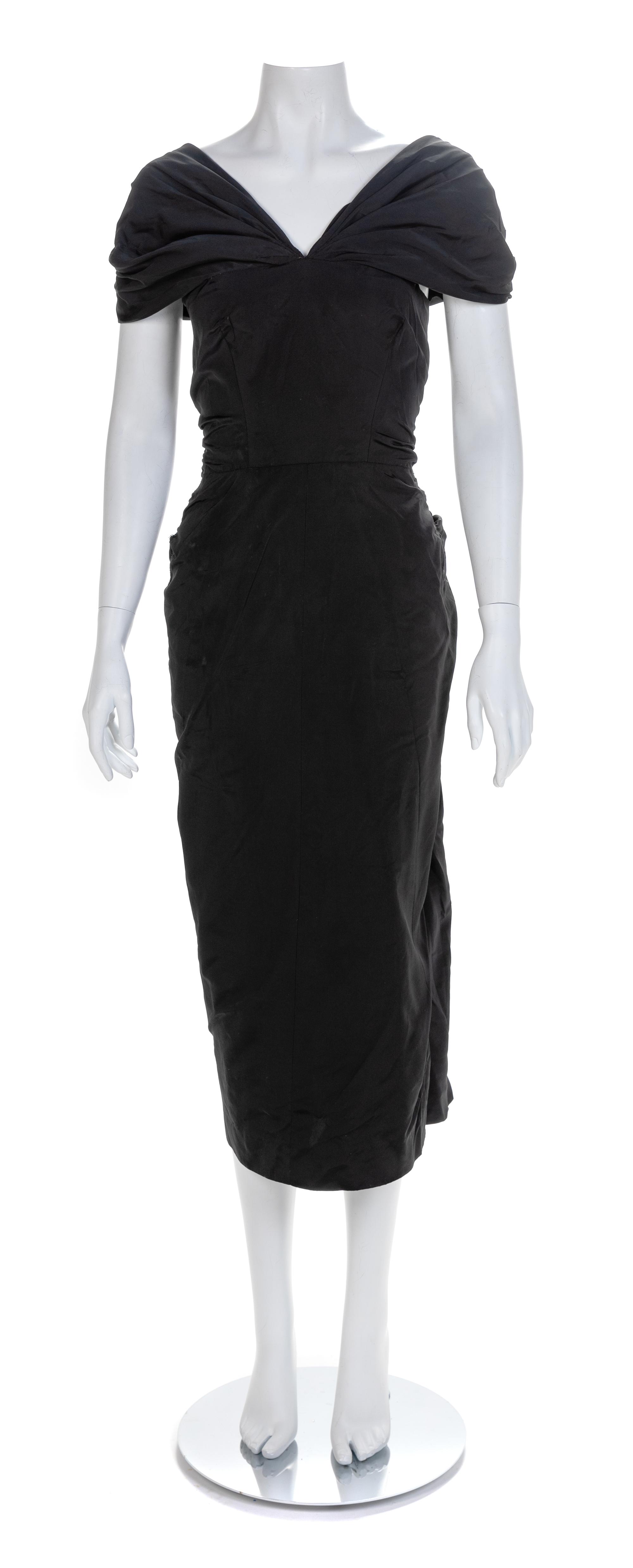 Black Evening Dress with Bustle, 1950s No size label