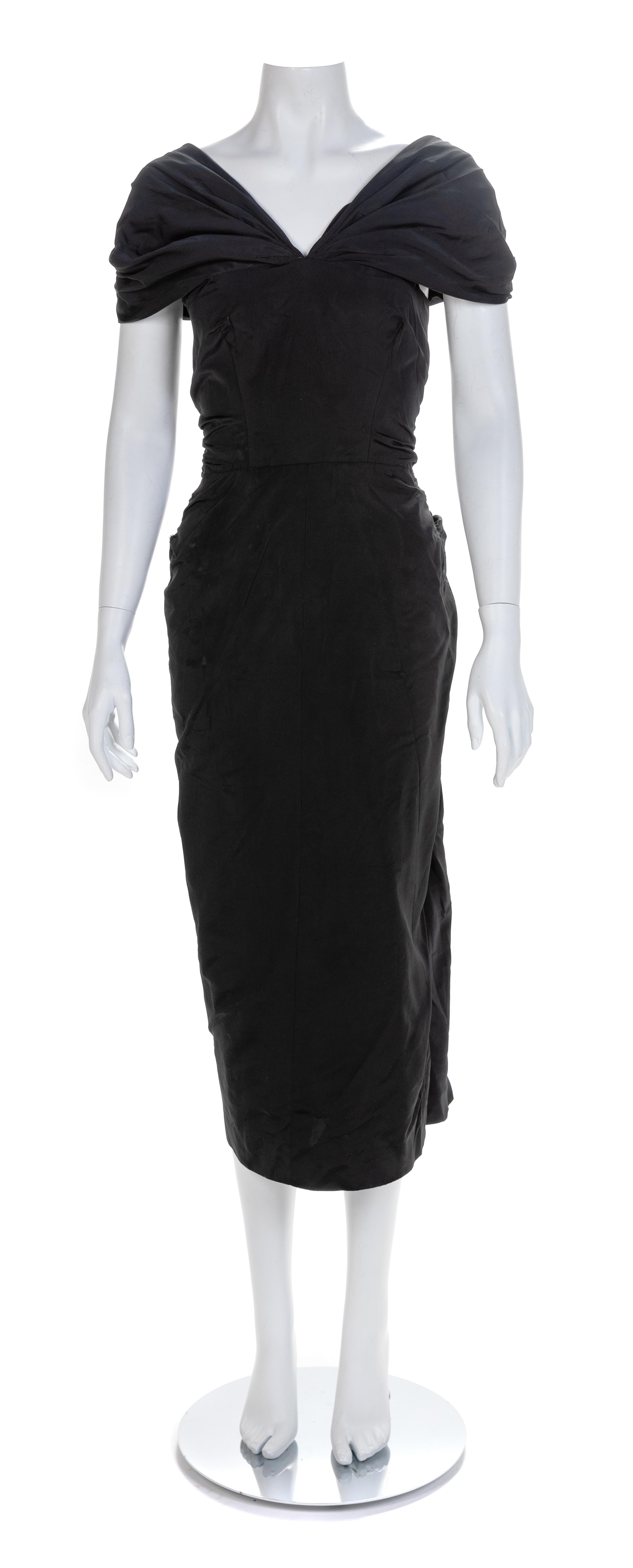 Black Evening Dress with Bustle, 1950s No size label