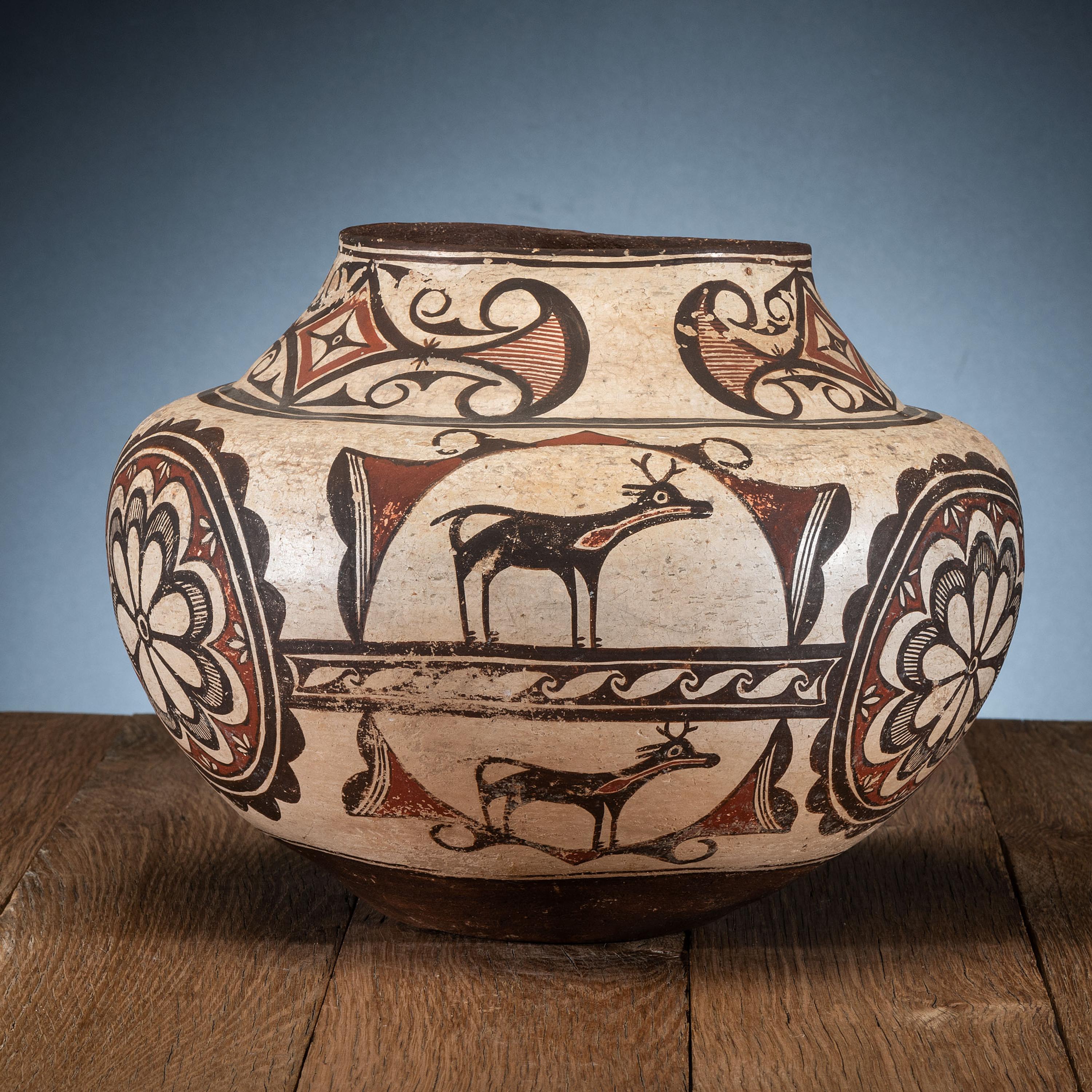 Zuni Polychrome Pottery Olla, with Heartline Deer