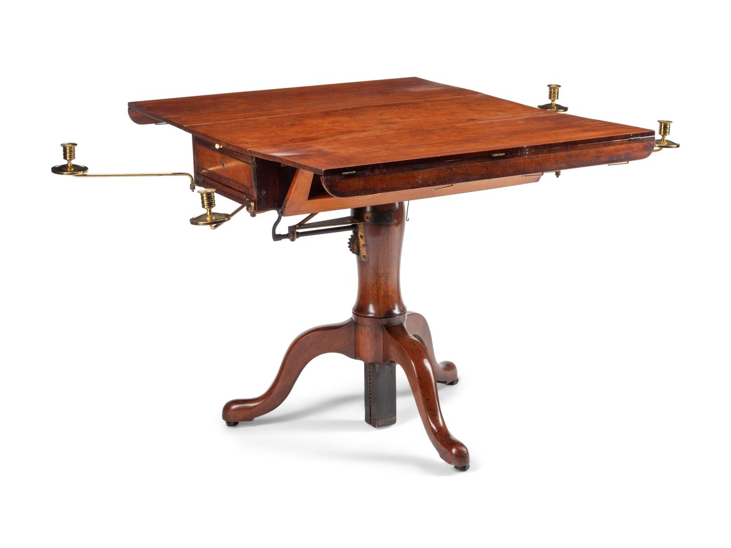 A George III Mahogany Drop-Leaf Telescoping Quartet Stand with Brass Candle Arms