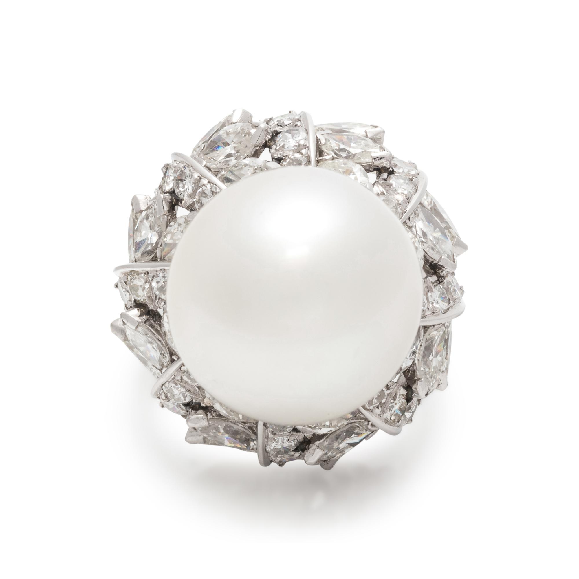 TRIO, CULTURED SOUTH SEA PEARL AND DIAMOND RING