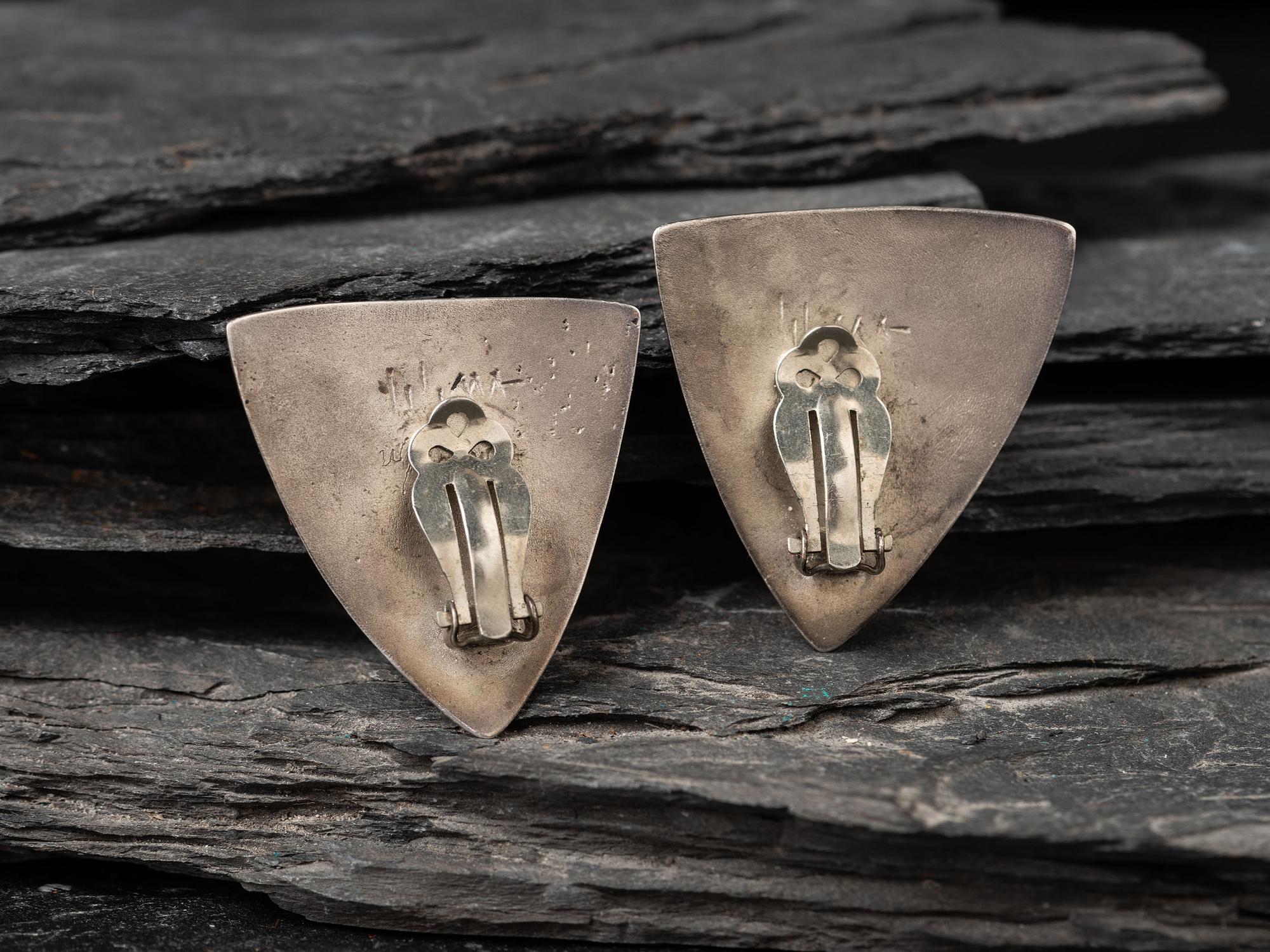 Tufa Cast Shield Clip Earrings with Inlay and 14K Gold Accents