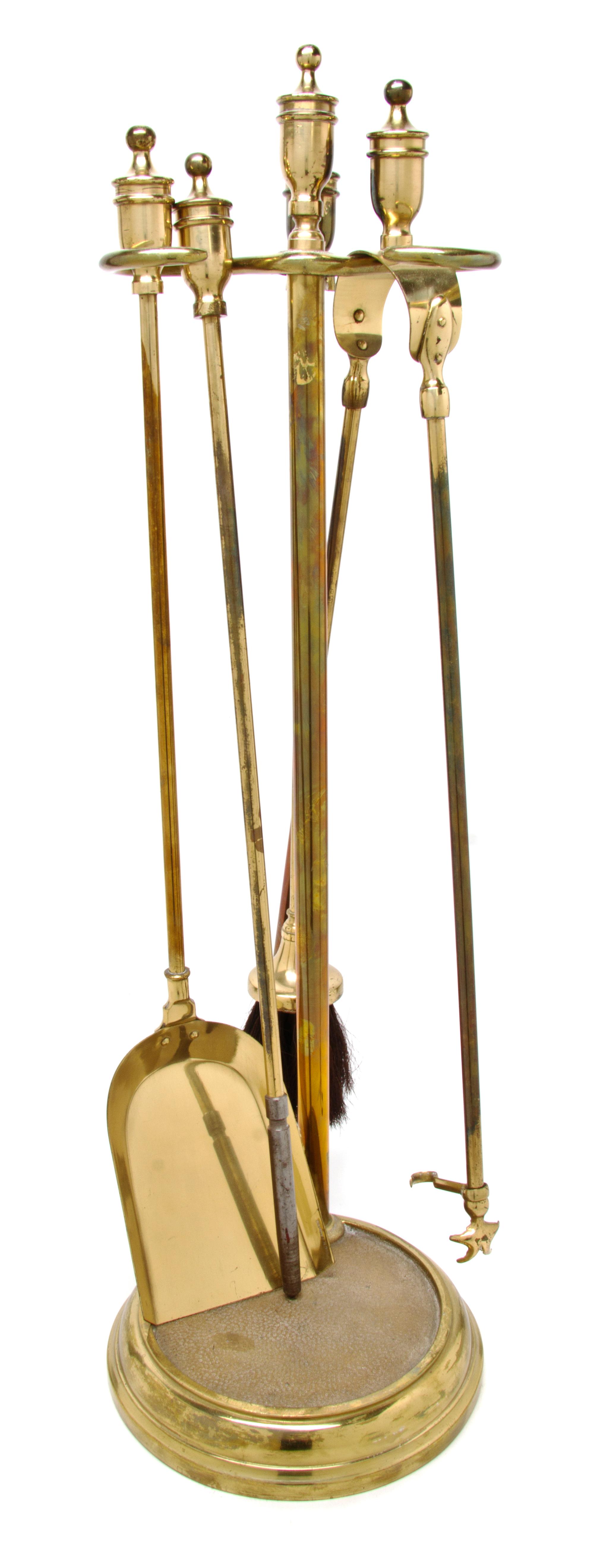 A Set of Regency Style Fireplace Tools on Stand, Height of stand 27 1/2 inches.