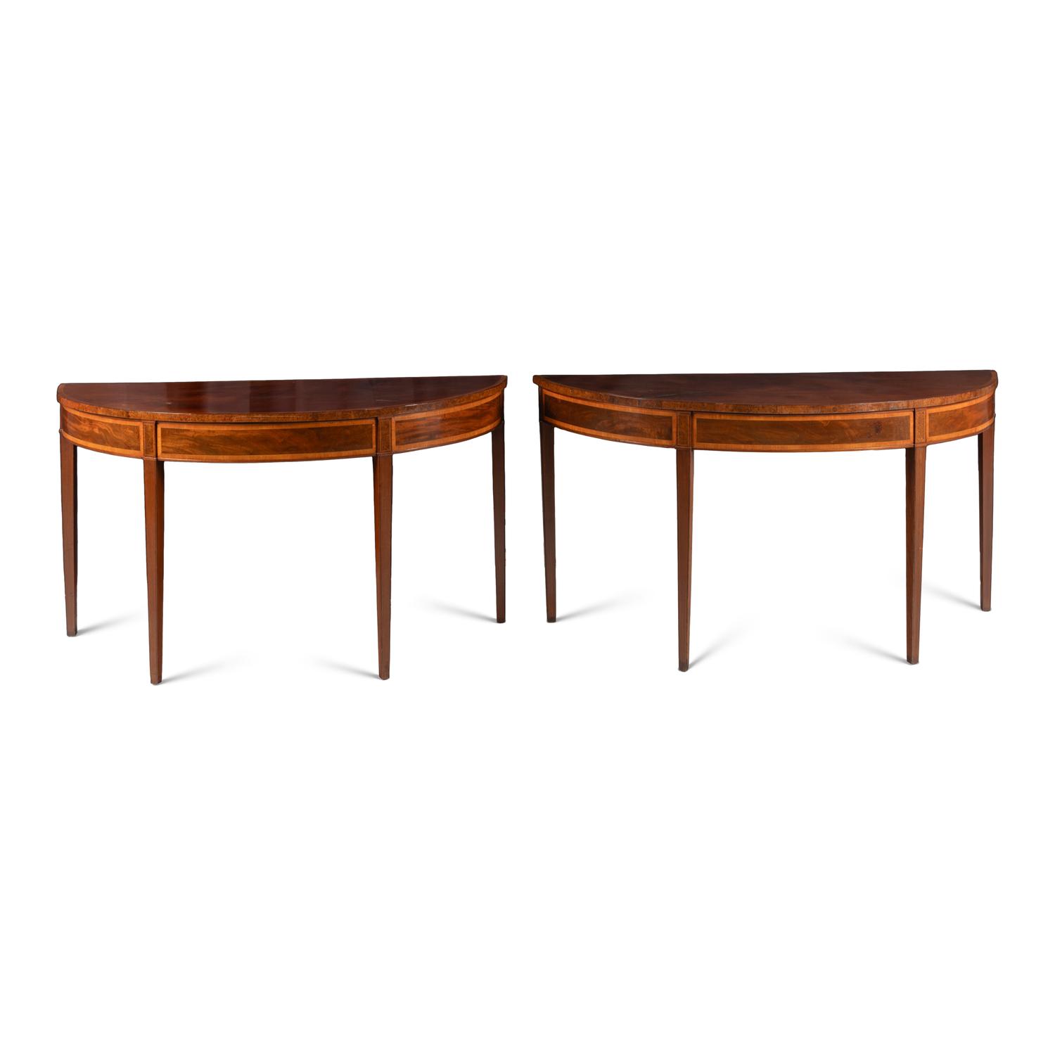 A Pair of Late George III Mahogany, Satinwood and Yew Wood Console Tables