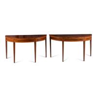 A Pair of Late George III Mahogany, Satinwood and Yew Wood Console Tables