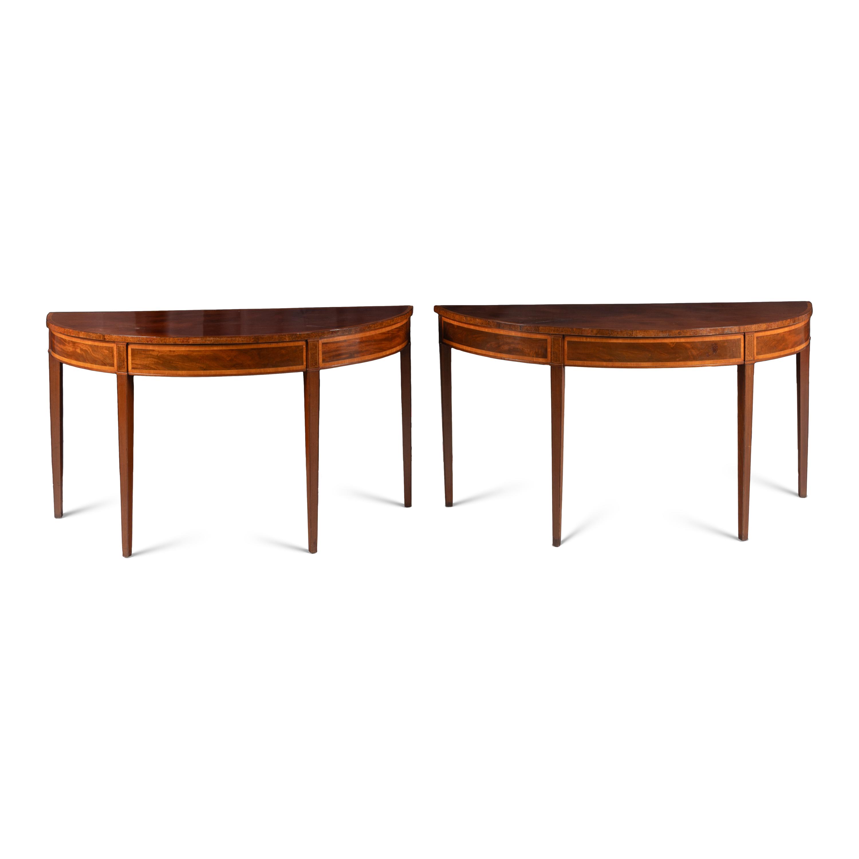 A Pair of Late George III Mahogany, Satinwood and Yew Wood Console Tables