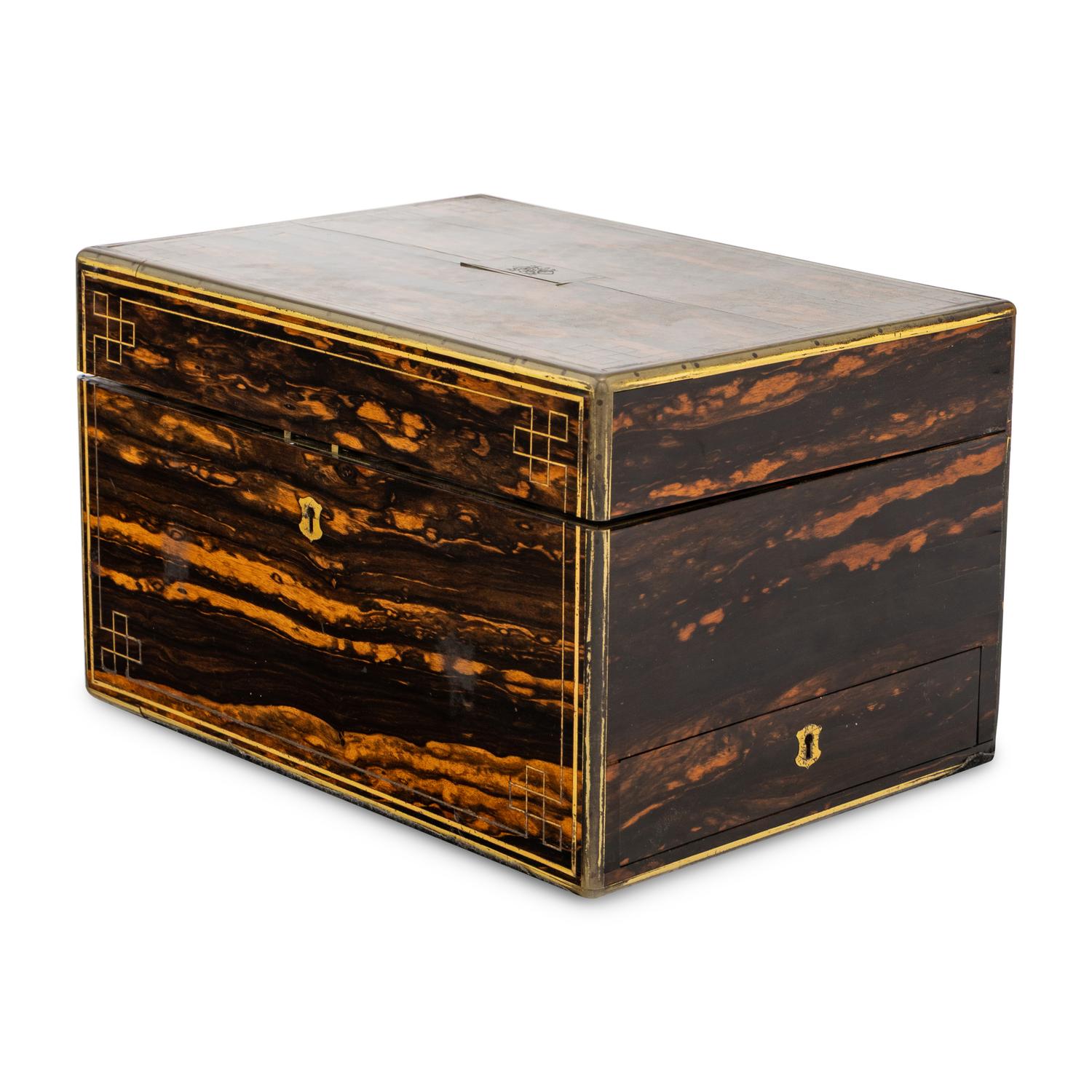 A Victorian Brass-Inlaid Calamander, Silver and Cut-Glass Fitted Dressing Box