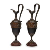 A Pair of Neoclassical Bronze and Marble Ewers