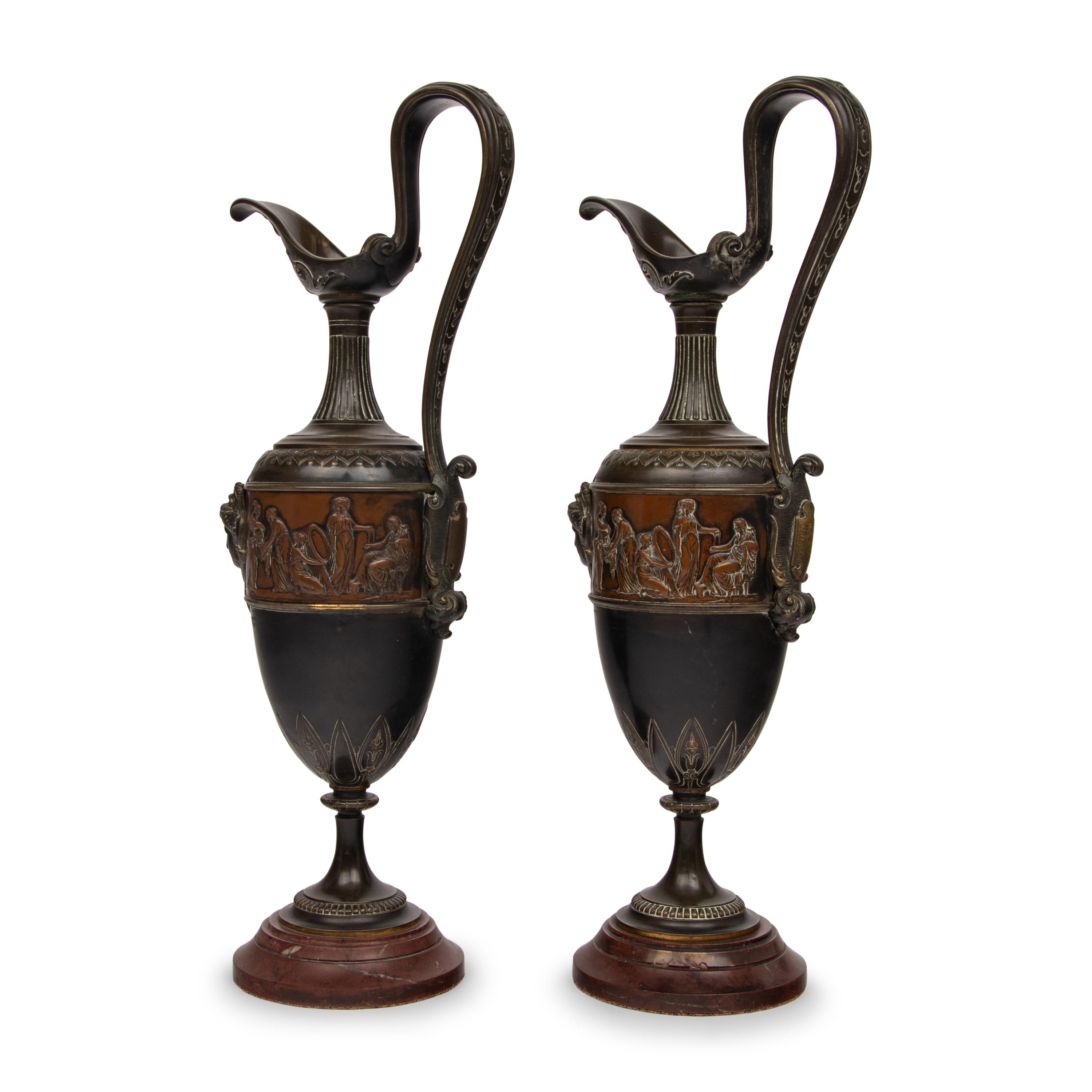 A Pair of Neoclassical Bronze and Marble Ewers