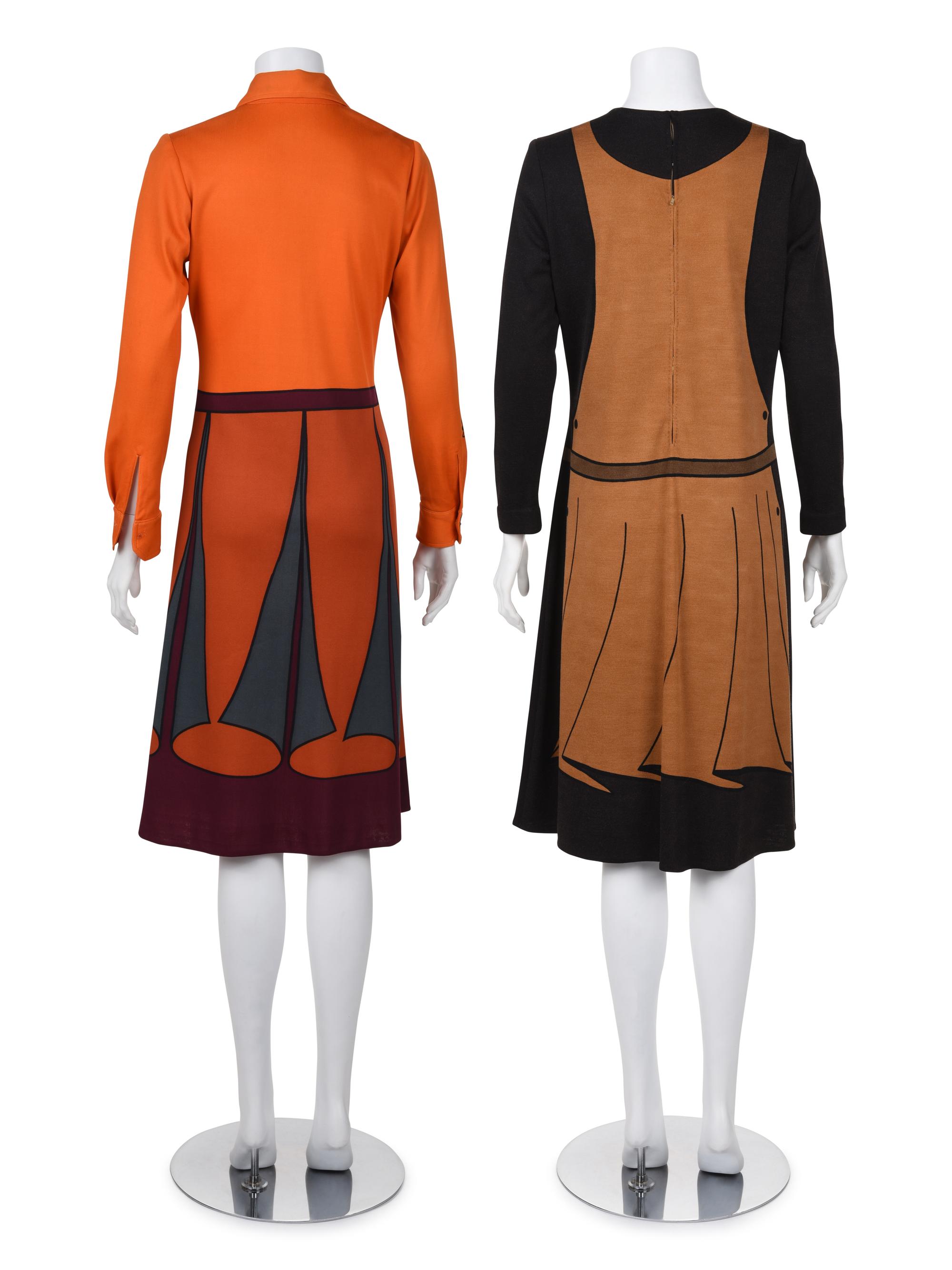 Three Roberta de Camerino Items: Two Printed Dresses and One Bag, Late 1960s