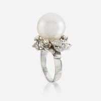 Two cultured pearl, diamond, and gold rings