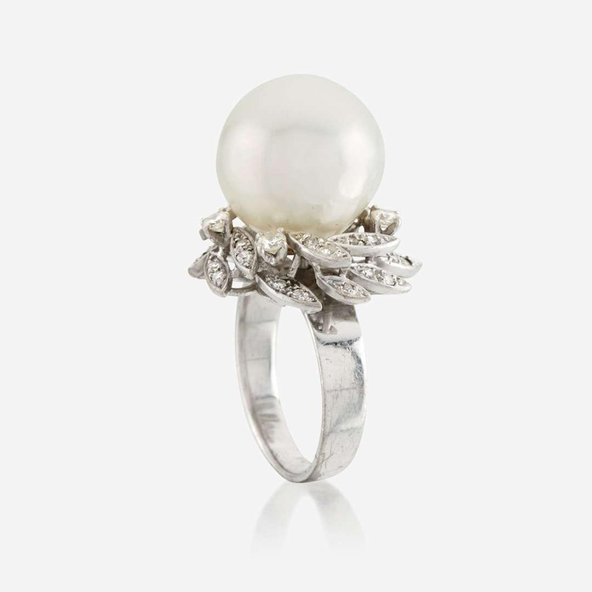 Two cultured pearl, diamond, and gold rings