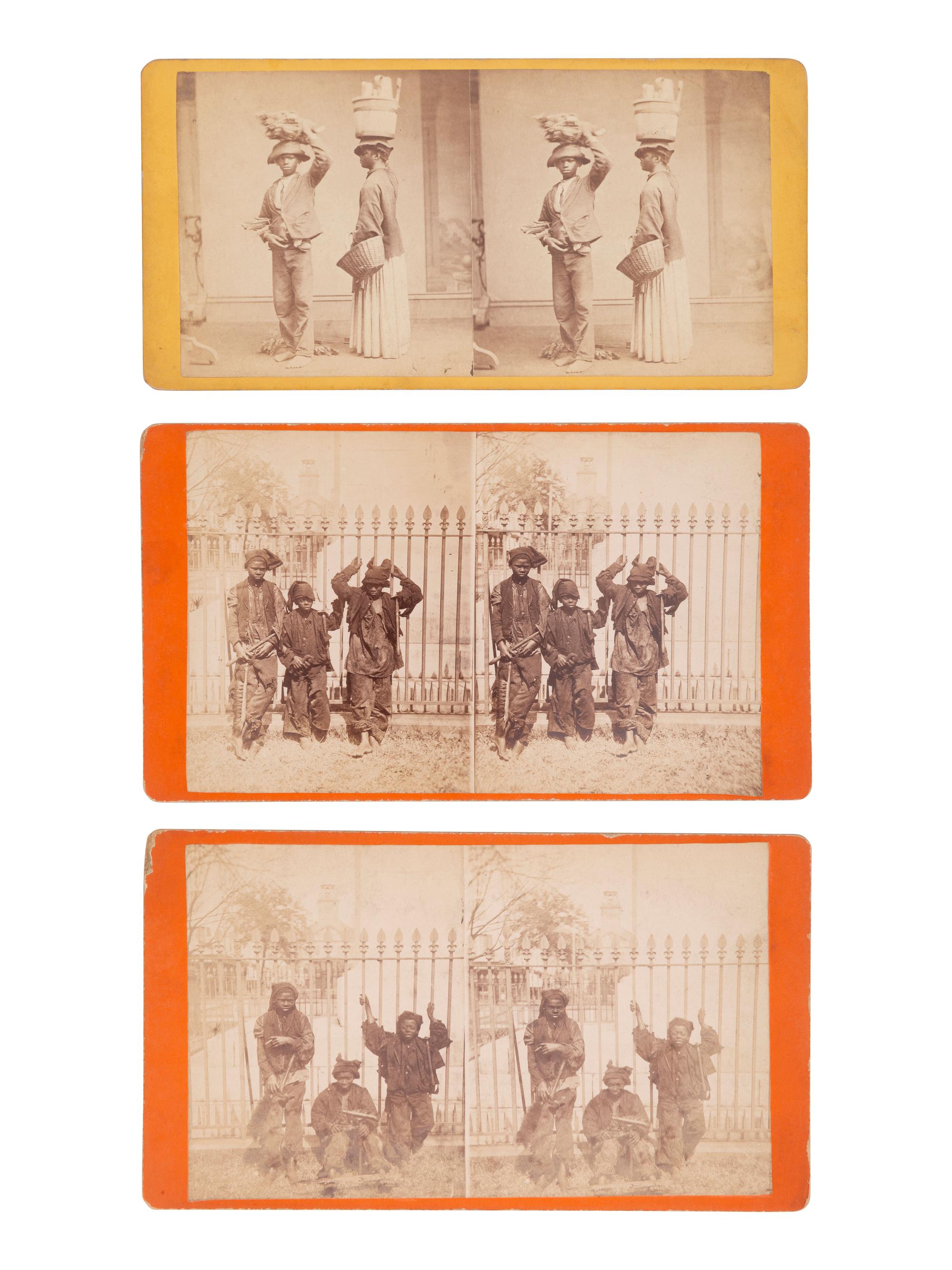 [EARLY PHOTOGRAPHY] 3 occupational stereoviews of African American children, incl. "chimney sweeps."