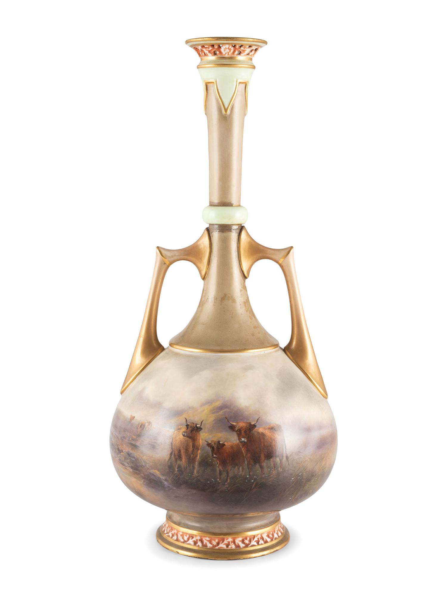 A Royal Worcester "Highland Cattle" Porcelain Vase by John Stinton