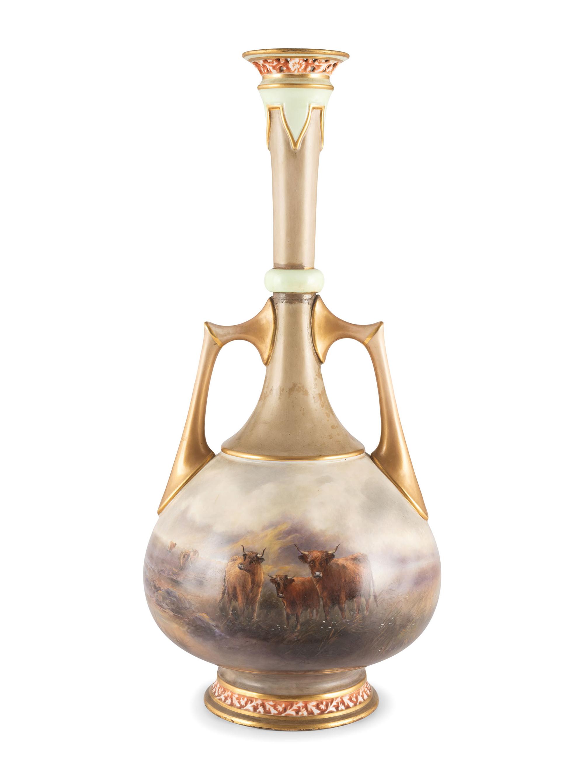 A Royal Worcester "Highland Cattle" Porcelain Vase by John Stinton