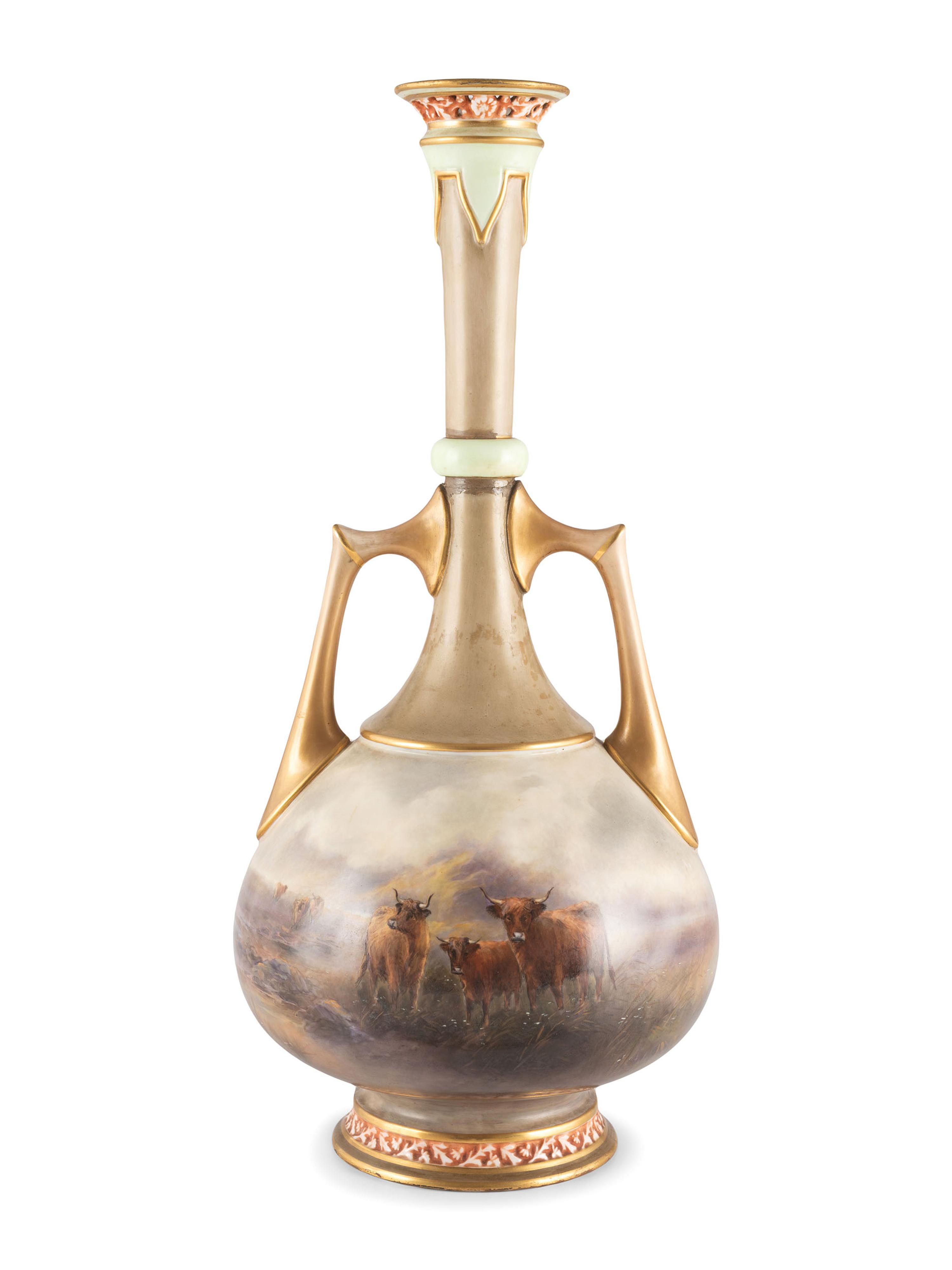 A Royal Worcester "Highland Cattle" Porcelain Vase by John Stinton