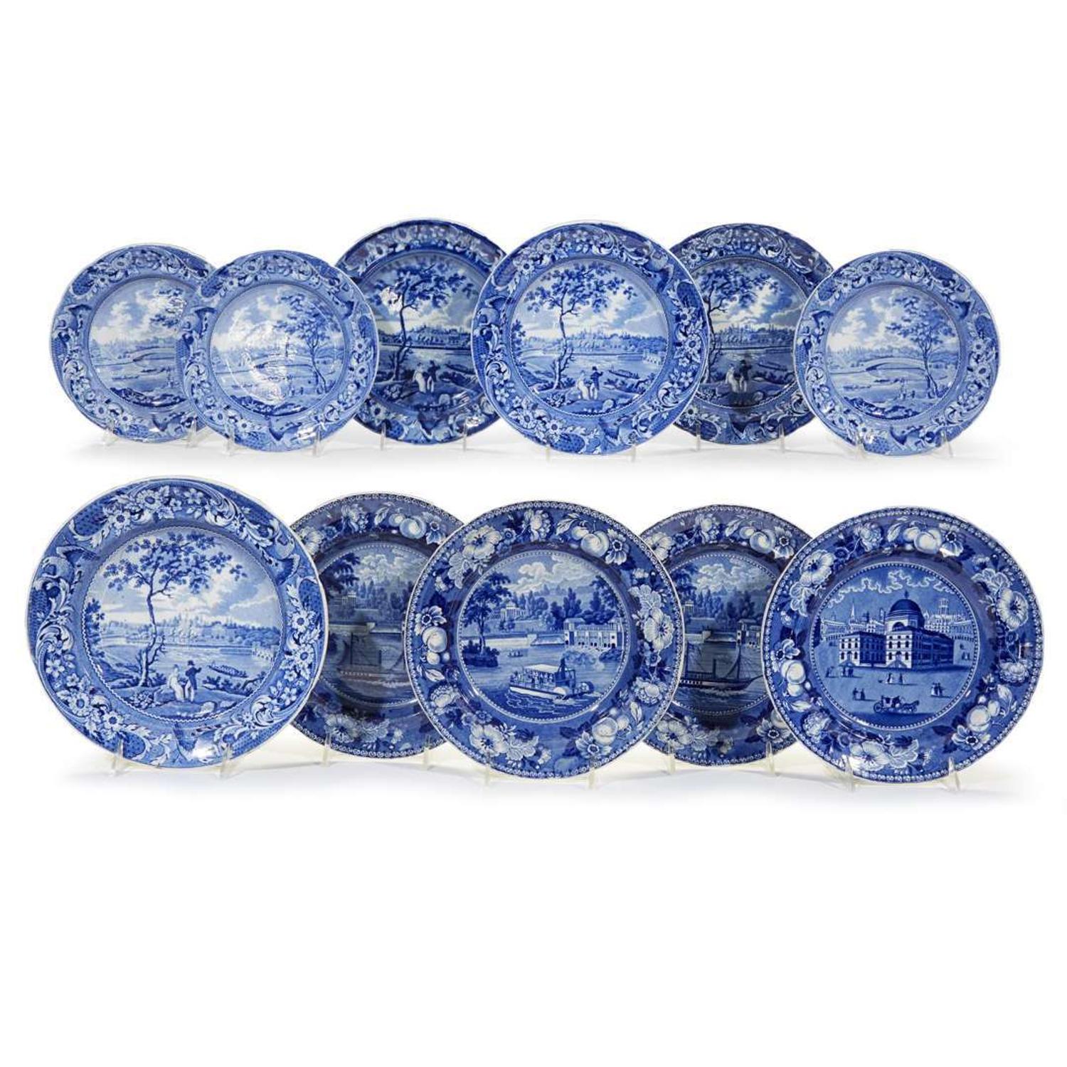 Eleven Historical Blue Staffordshire plates with Philadelphia and Baltimore Views Joseph Stubbs, Burslem, and others, circa 1830