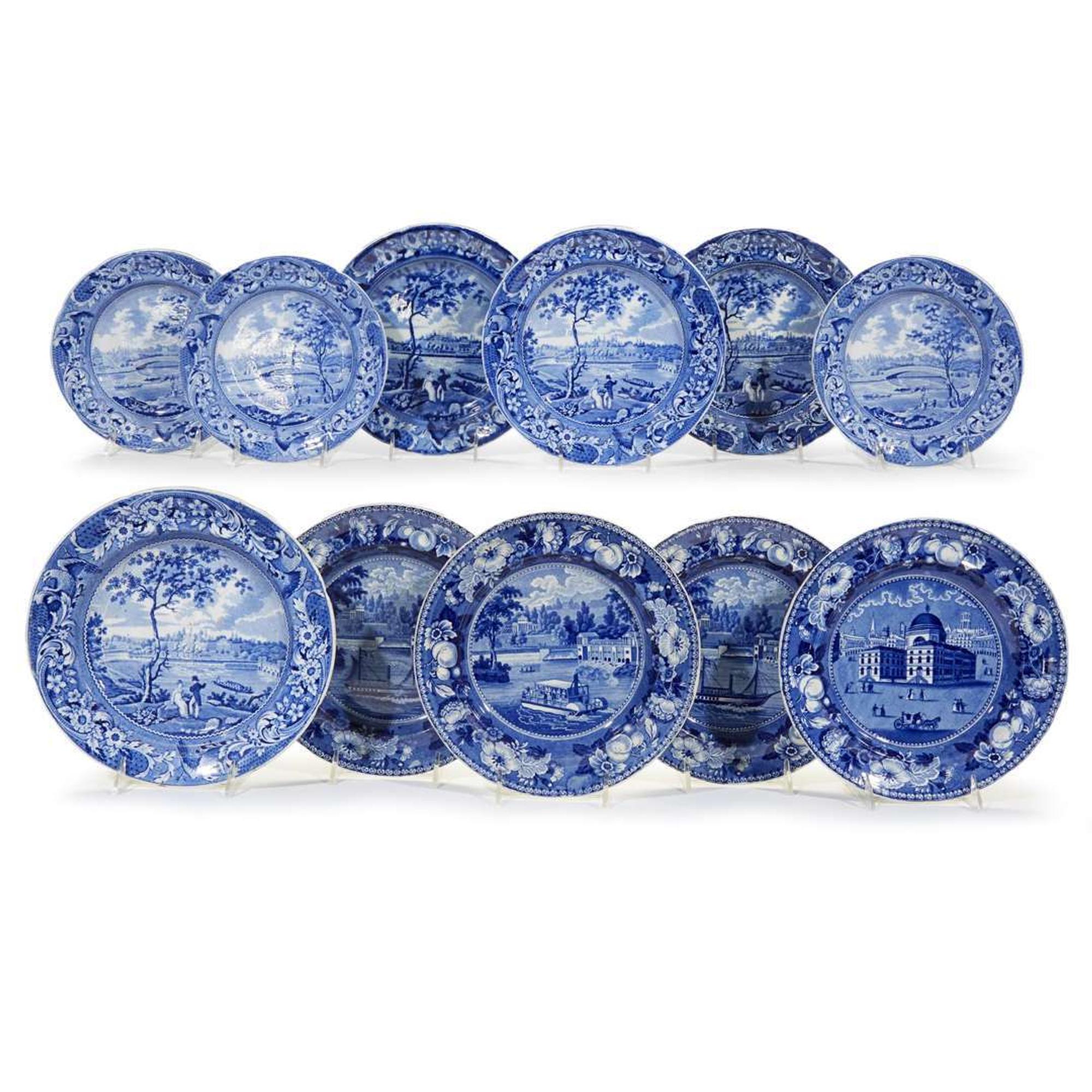 Eleven Historical Blue Staffordshire plates with Philadelphia and Baltimore Views Joseph Stubbs, Burslem, and others, circa 1830
