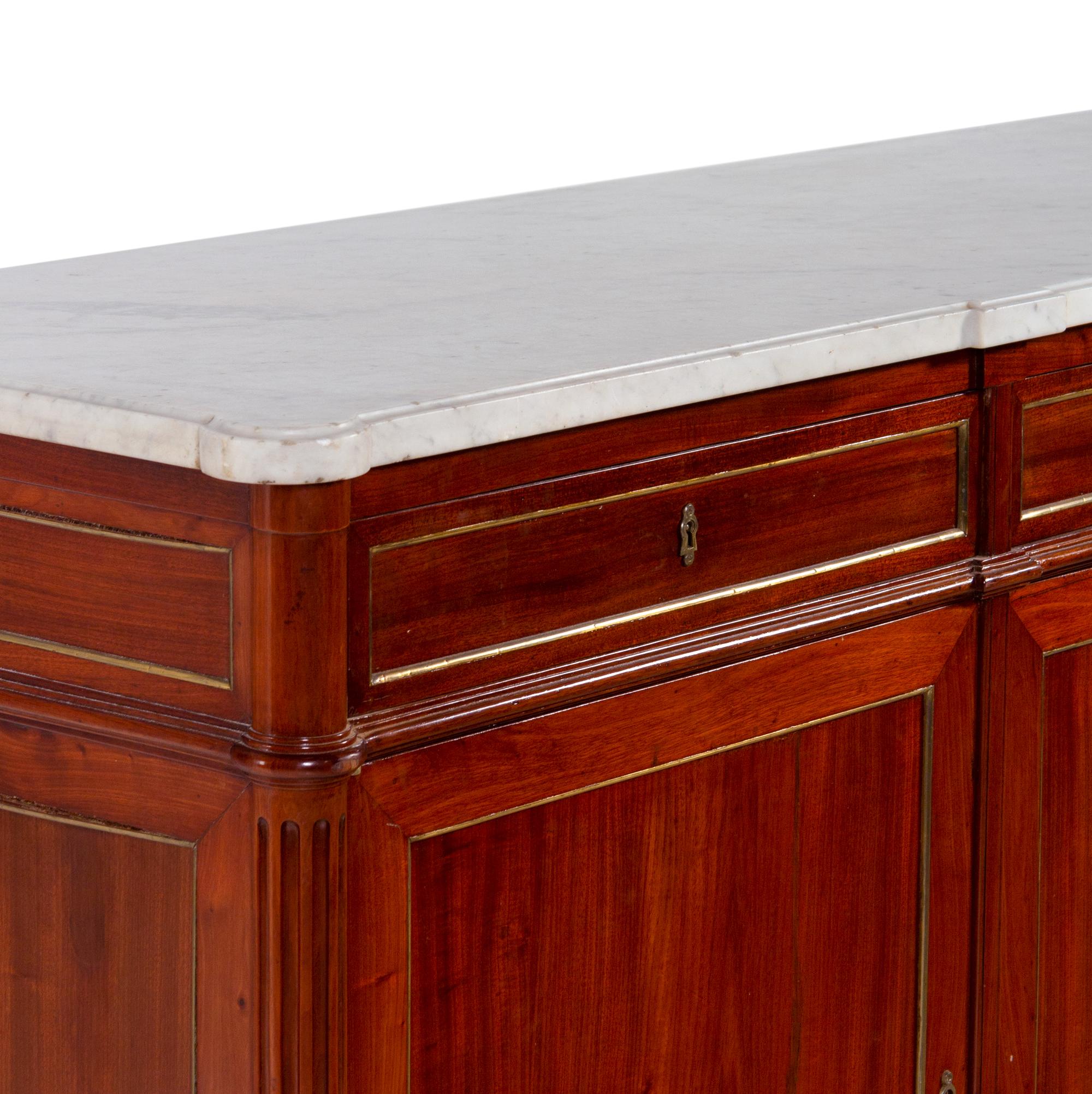 A Louis Philippe Brass Inlaid Mahogany Marble-Top Serving Cabinet