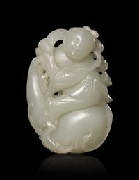 A Carved Pale Celadon 'Boy on Gourd' Snuff Bottle