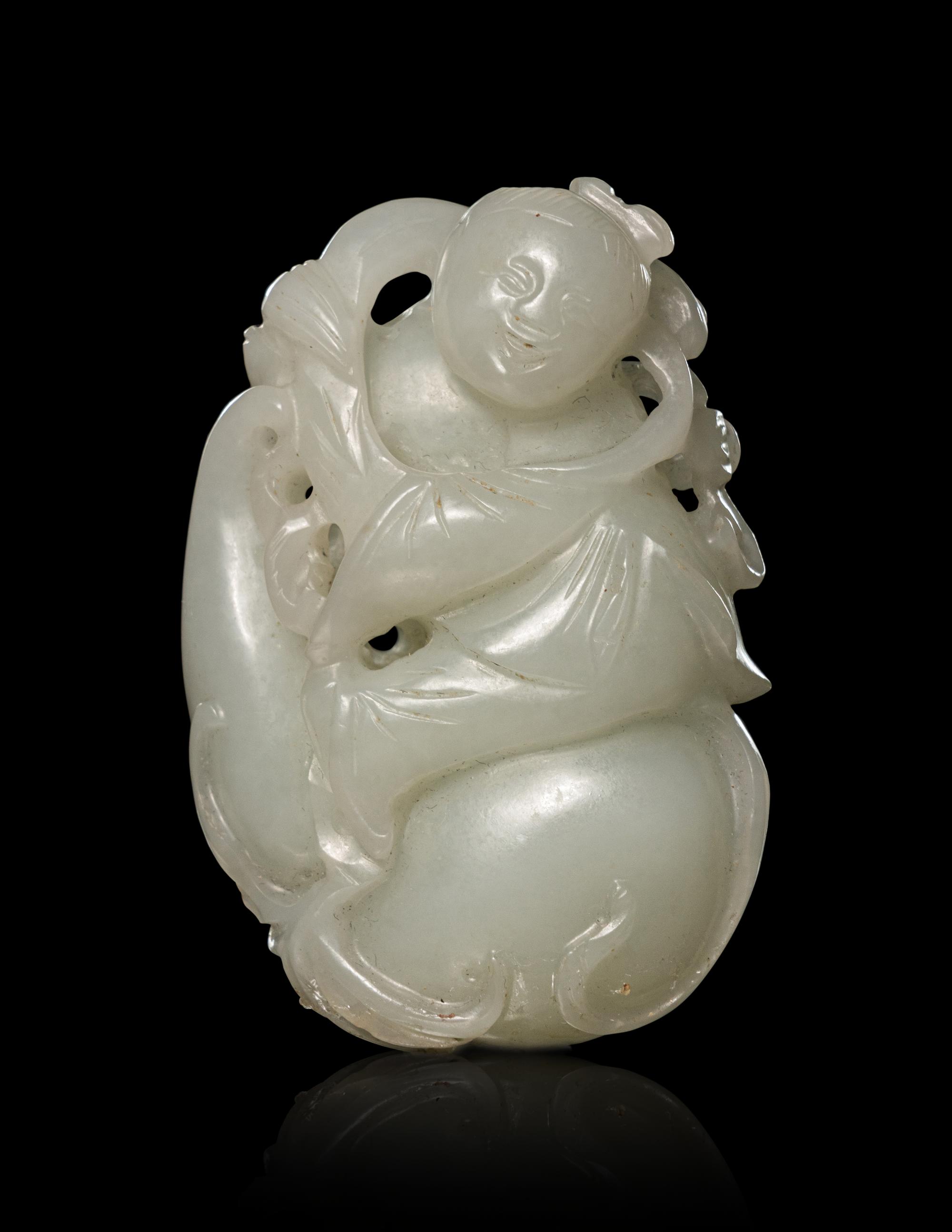 A Carved Pale Celadon 'Boy on Gourd' Snuff Bottle
