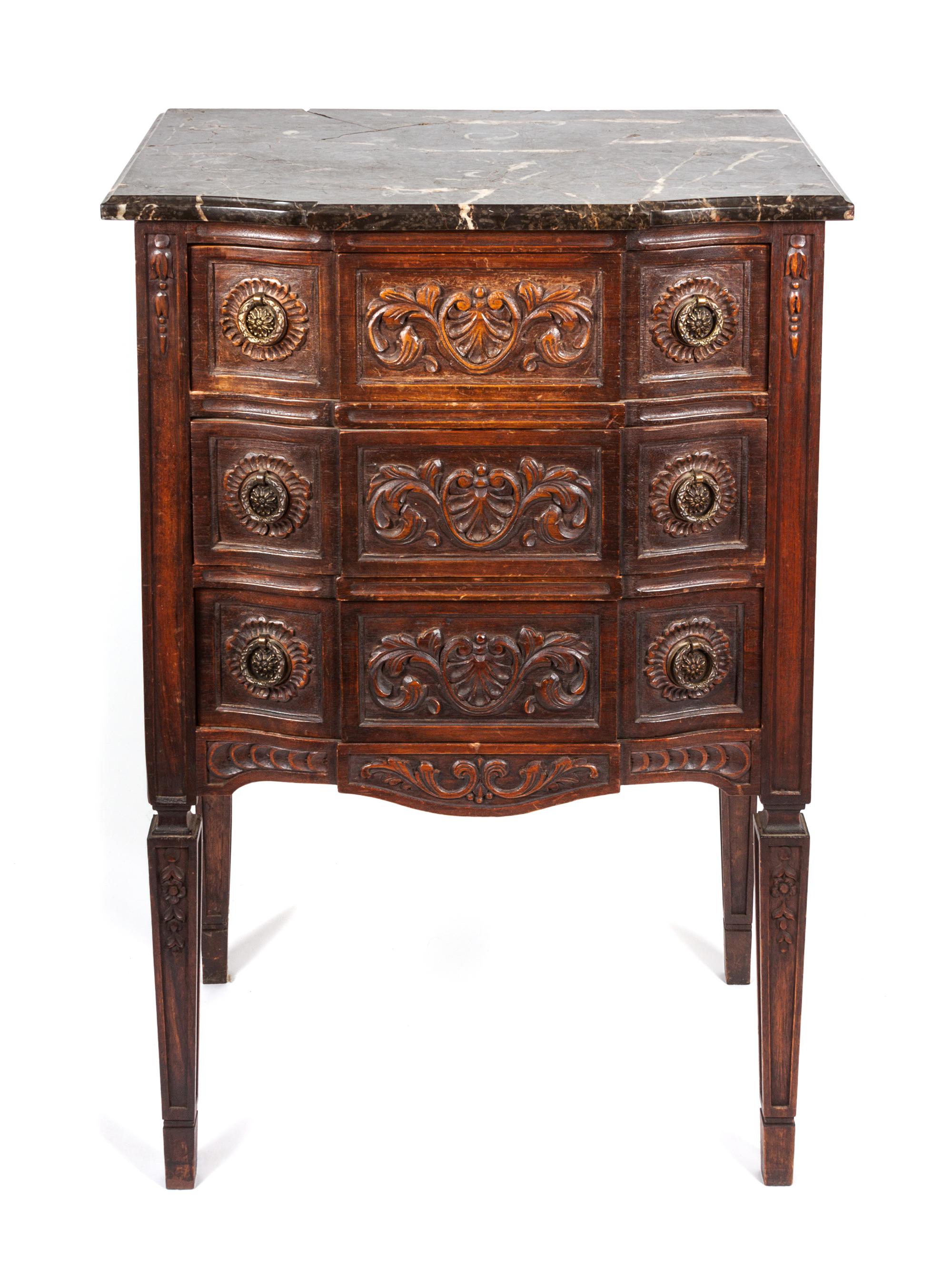 A Continental Carved Chest of Drawers Height 36 x width 24 x depth 16 inches.