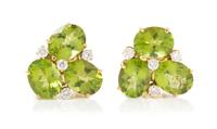 A Pair of 18 Karat Yellow Gold, Peridot and Diamond Earclips, 6.35 dwts.