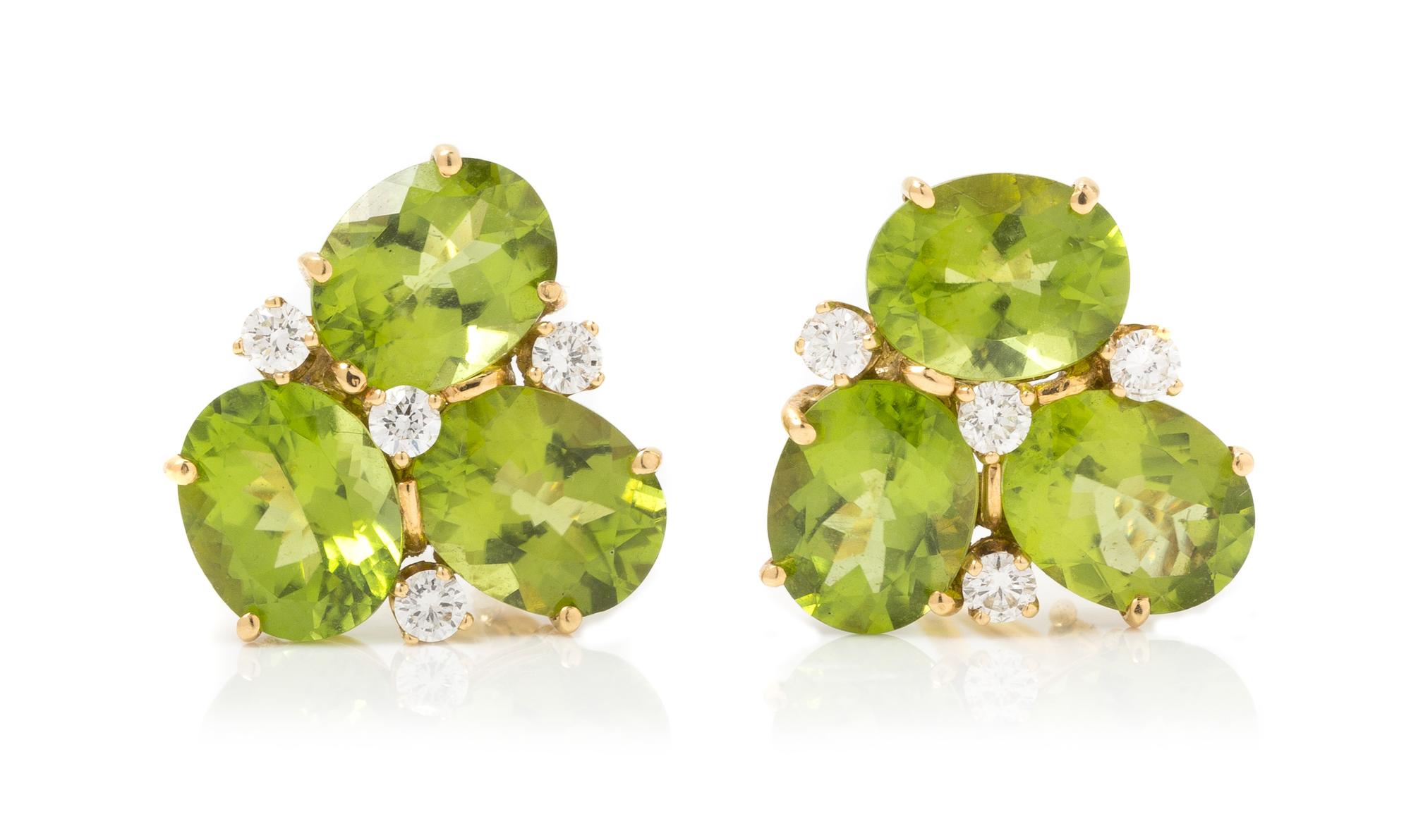 A Pair of 18 Karat Yellow Gold, Peridot and Diamond Earclips, 6.35 dwts.