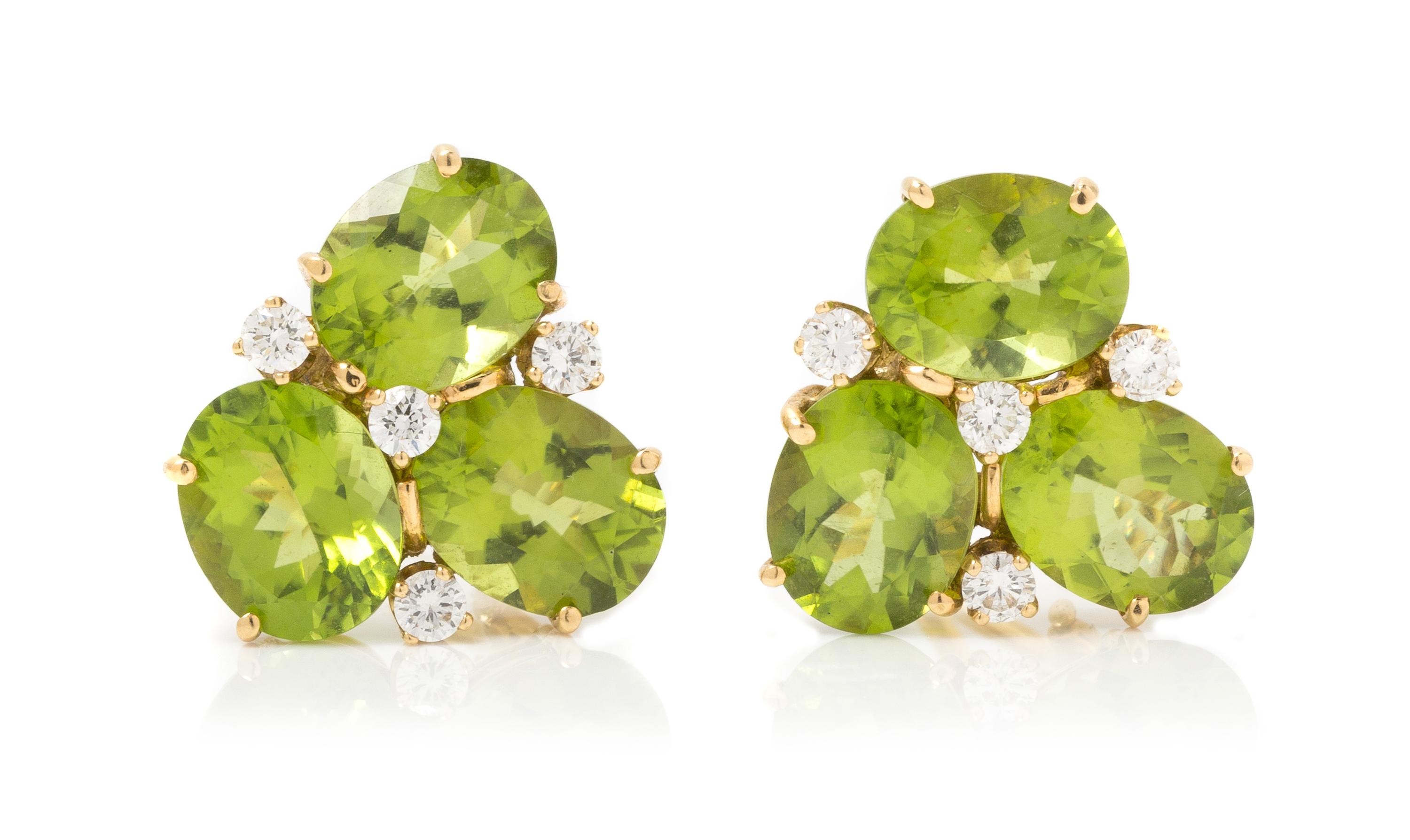 A Pair of 18 Karat Yellow Gold, Peridot and Diamond Earclips, 6.35 dwts.