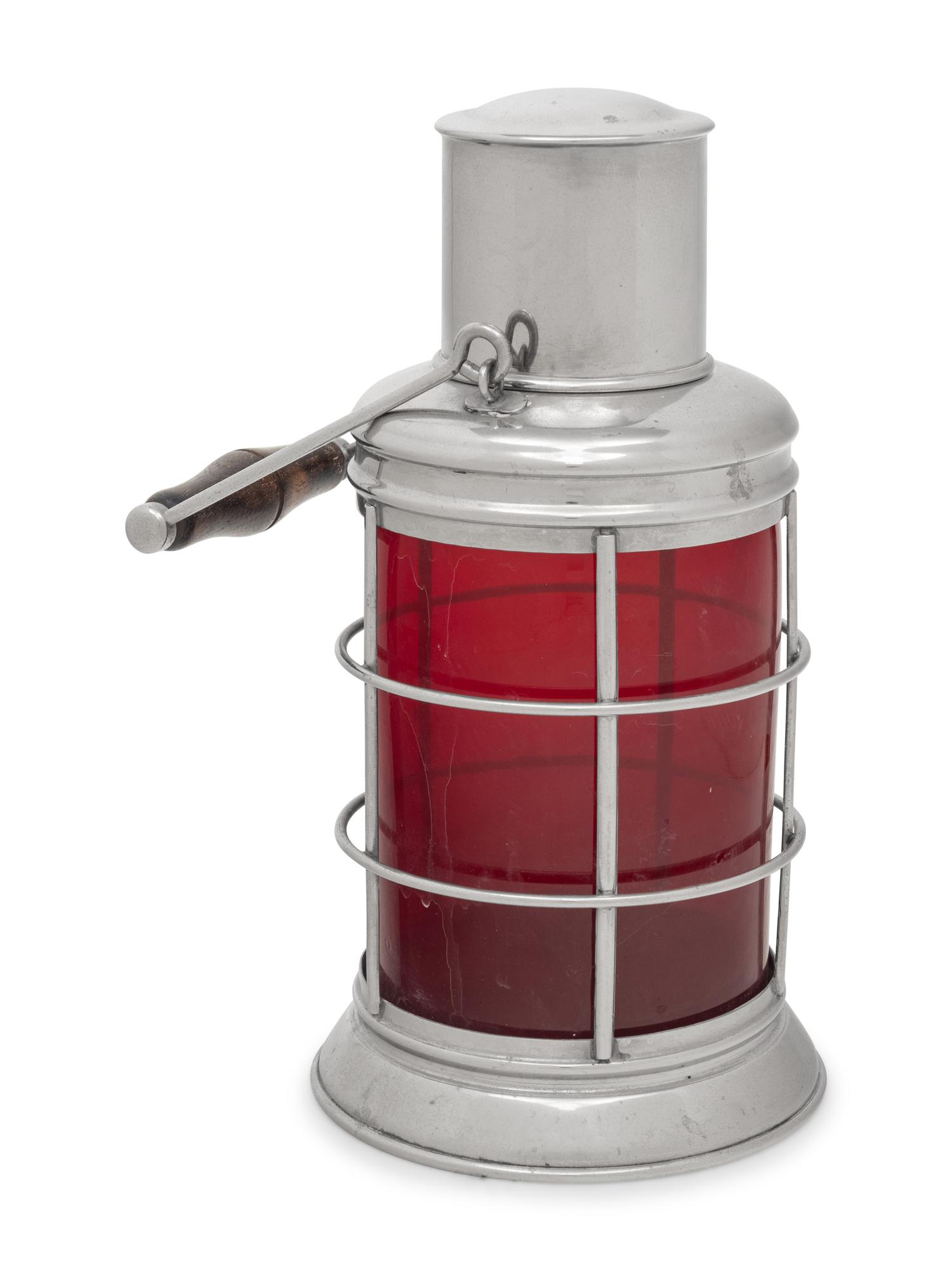 A Polished Steel and Colored Glass Lantern-Form Cocktail Shaker