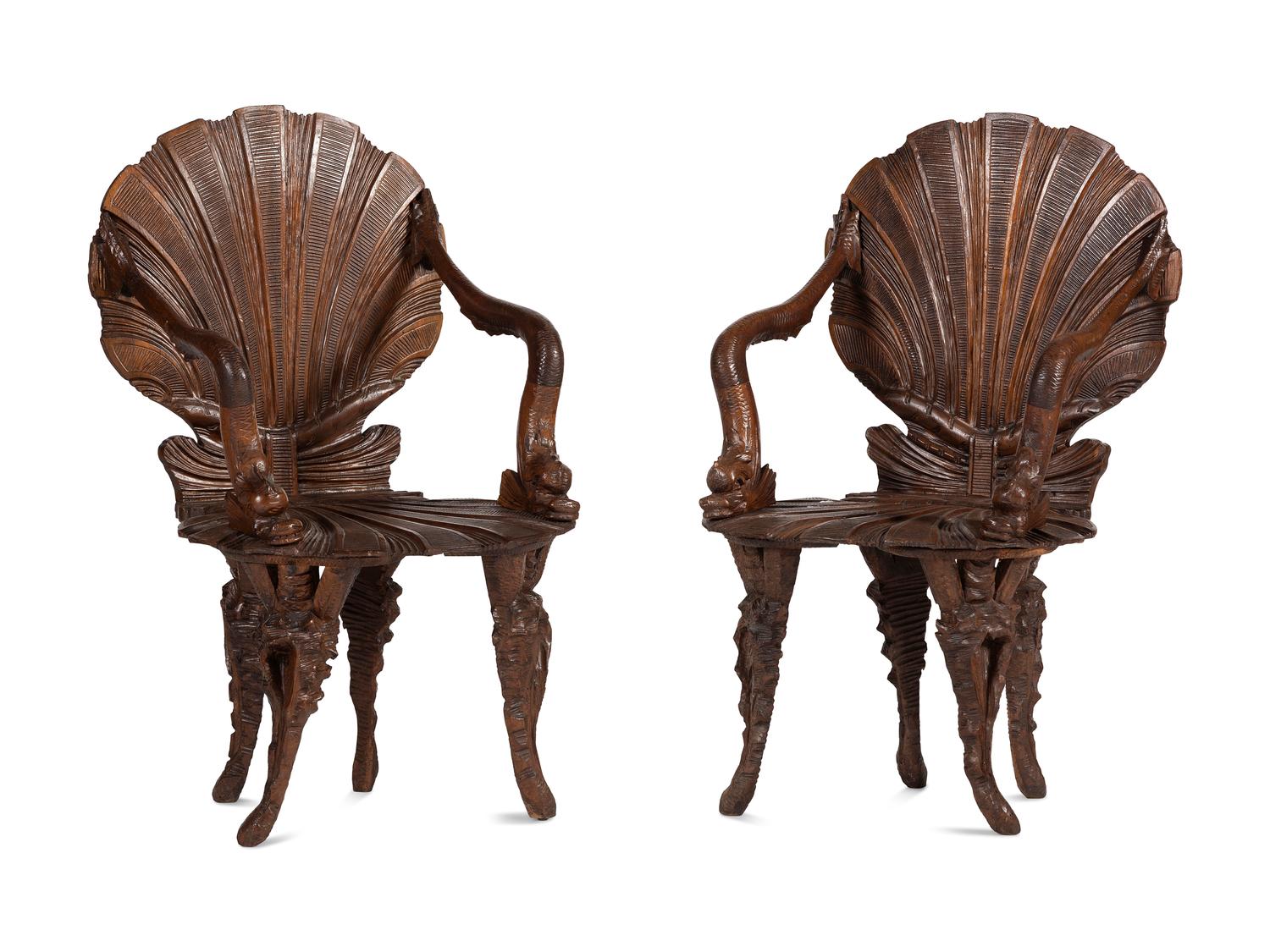 A Pair of Venetian Shell-and-Dolphin Carved Walnut Grotto Armchairs