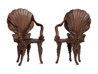 A Pair of Venetian Shell-and-Dolphin Carved Walnut Grotto Armchairs