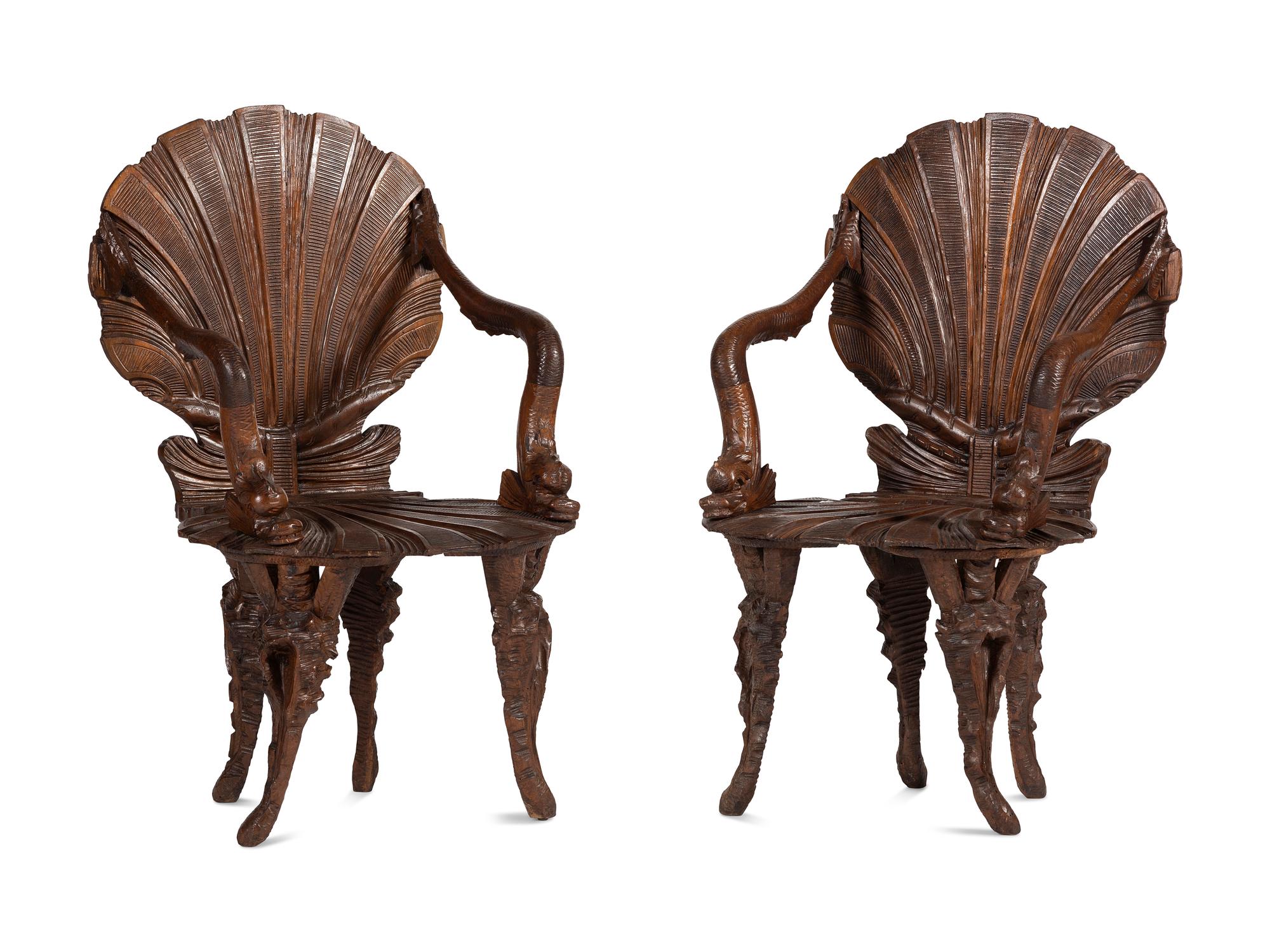A Pair of Venetian Shell-and-Dolphin Carved Walnut Grotto Armchairs