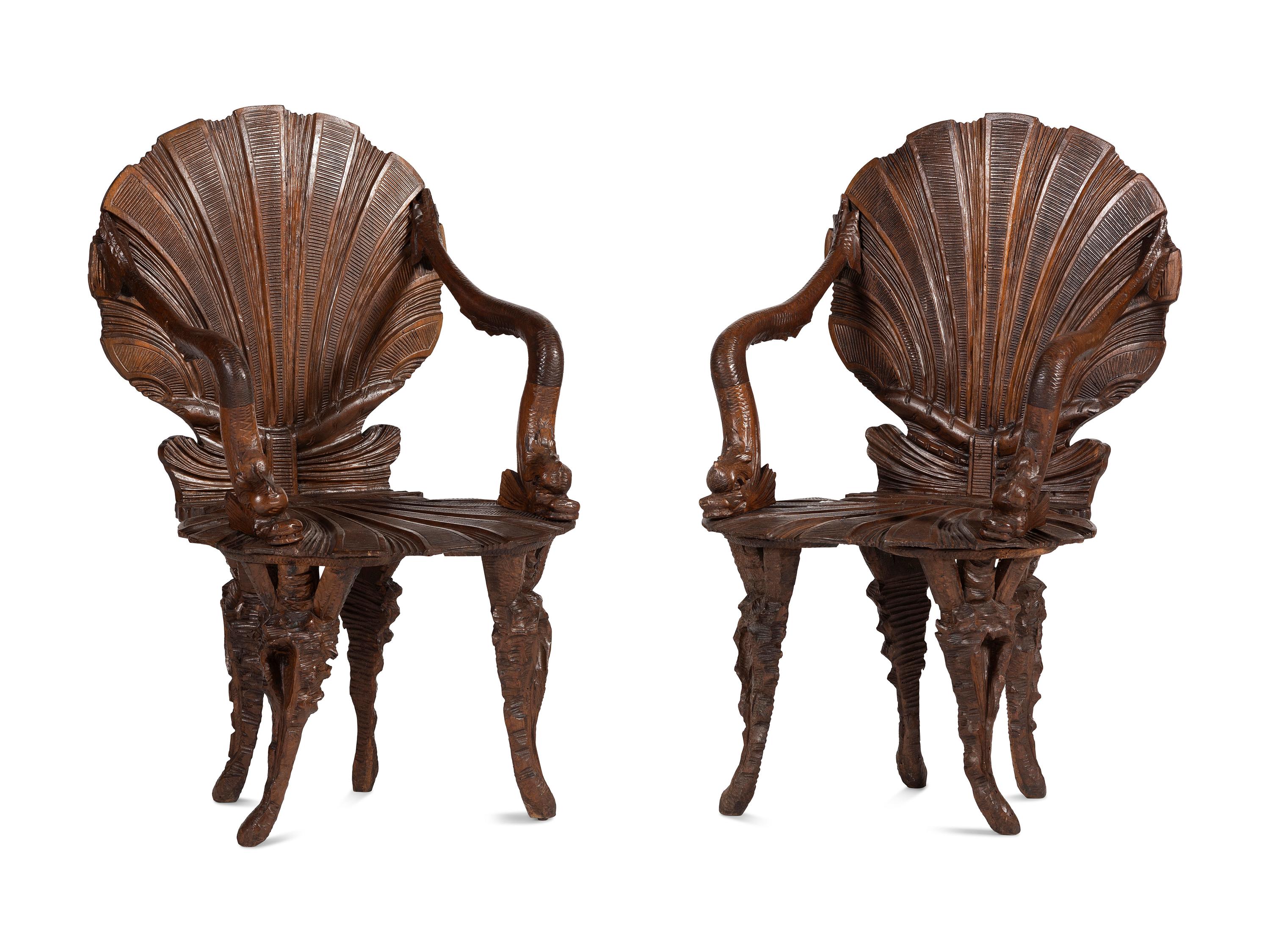 A Pair of Venetian Shell-and-Dolphin Carved Walnut Grotto Armchairs