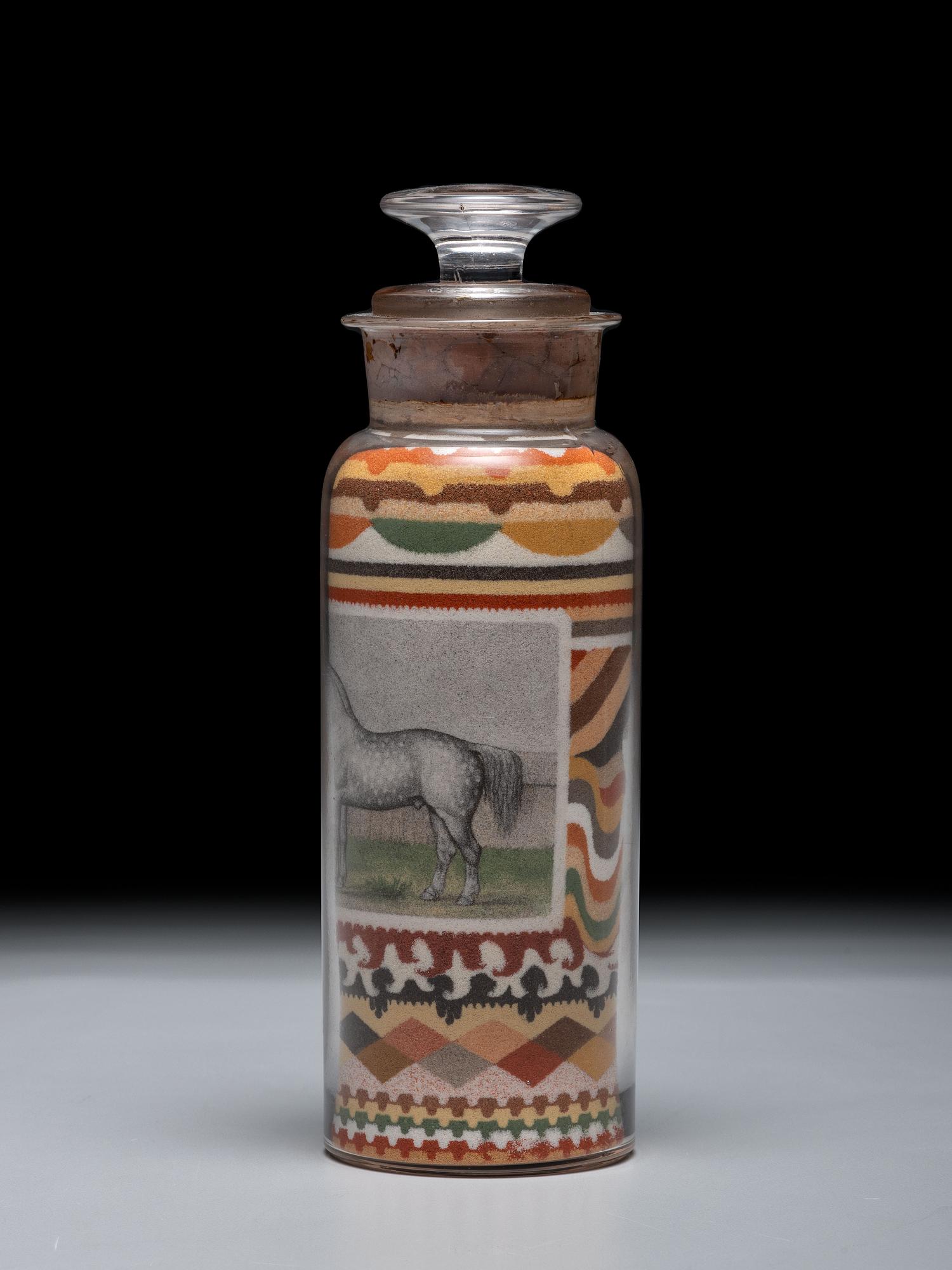 An Andrew Clemens (American, 1857-1894) Labeled Sand Bottle with Percheron Horse
