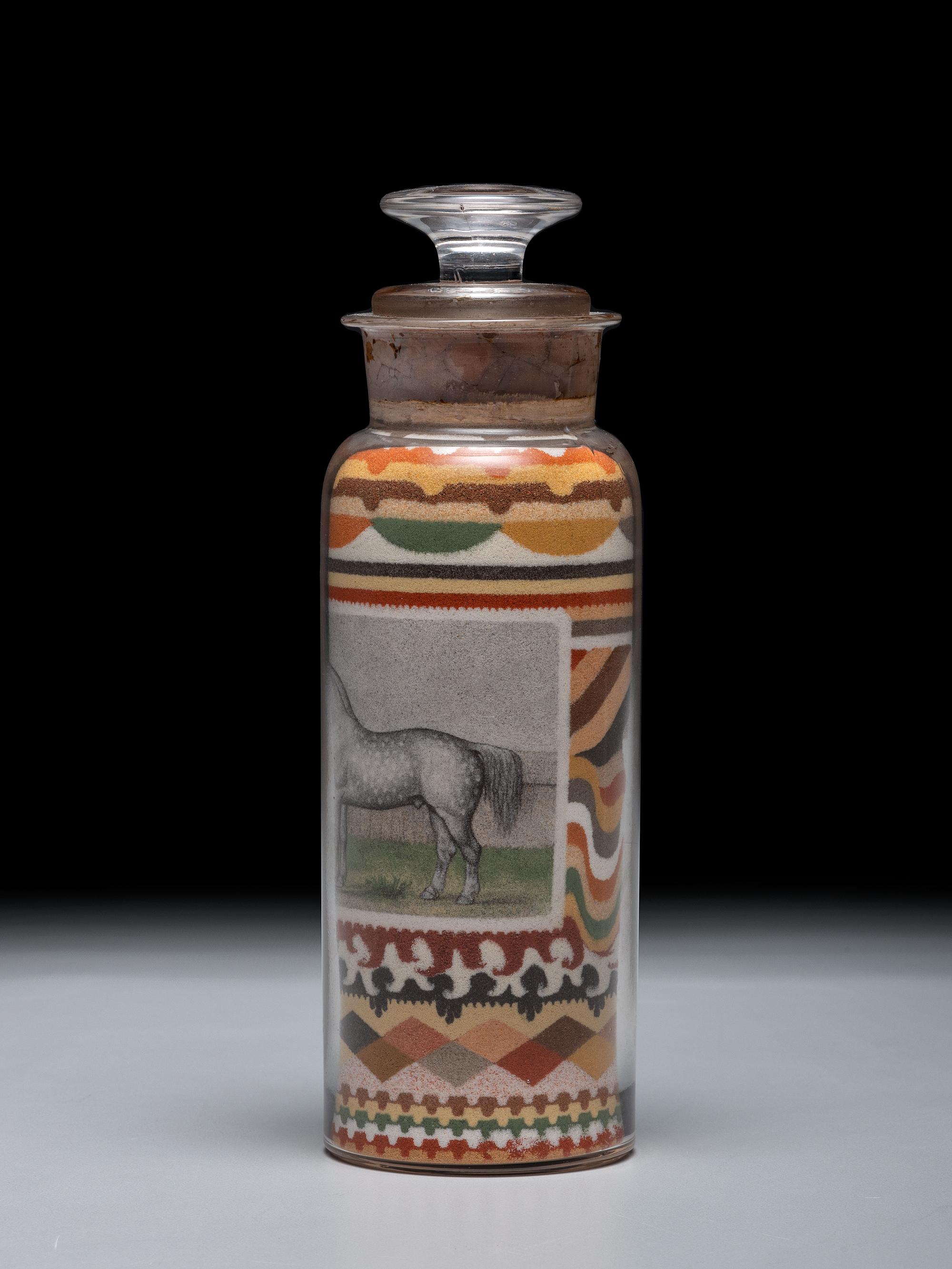 An Andrew Clemens (American, 1857-1894) Labeled Sand Bottle with Percheron Horse