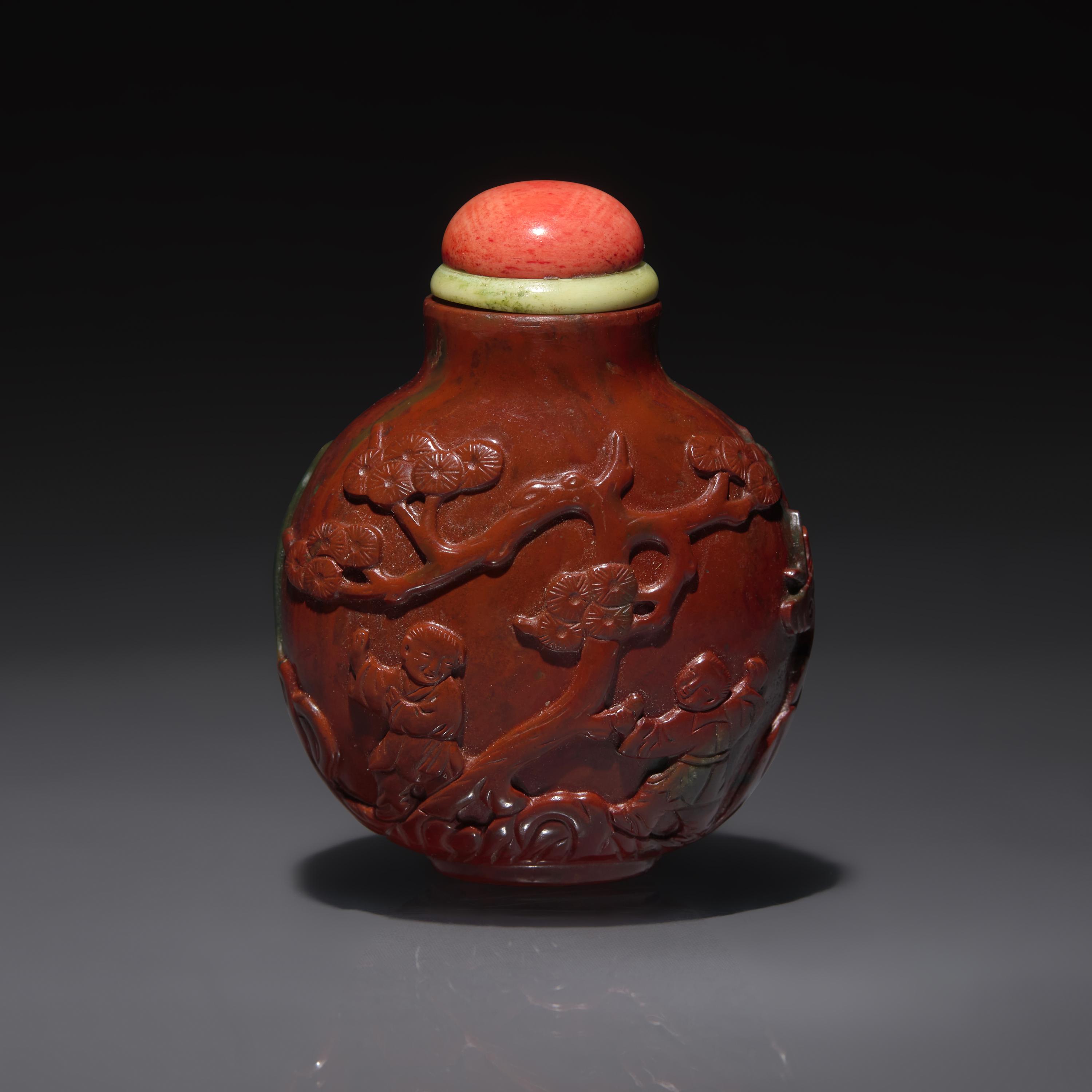 A Chinese Carved Jasper Snuff Bottle, Qing Dynasty, Circa 1820-1880 — 1820–1880年 羊肝瑪瑙雕童子圖鼻煙壺