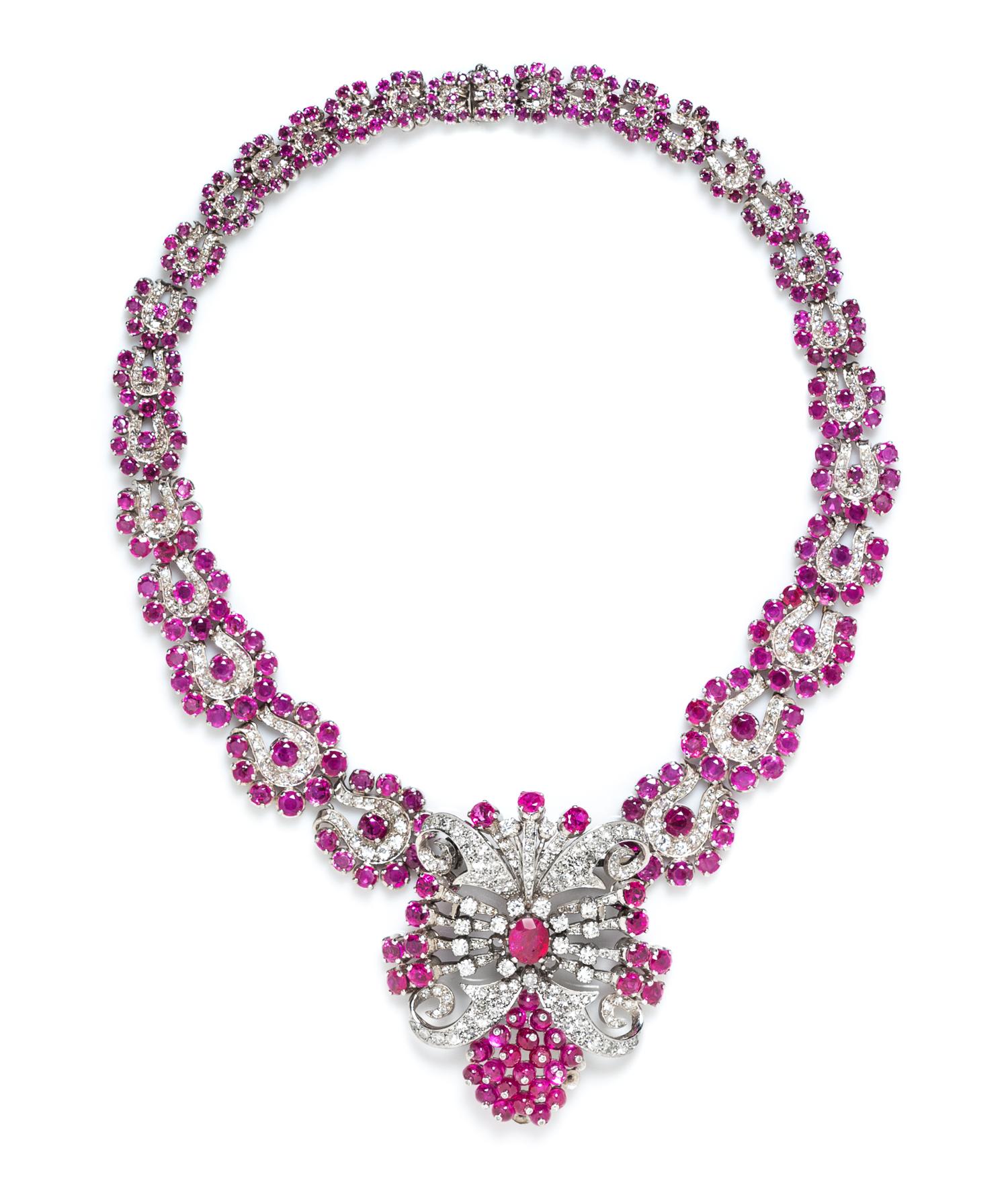 A White Gold, Ruby and Diamond Demi Parure, 66.20 dwts.