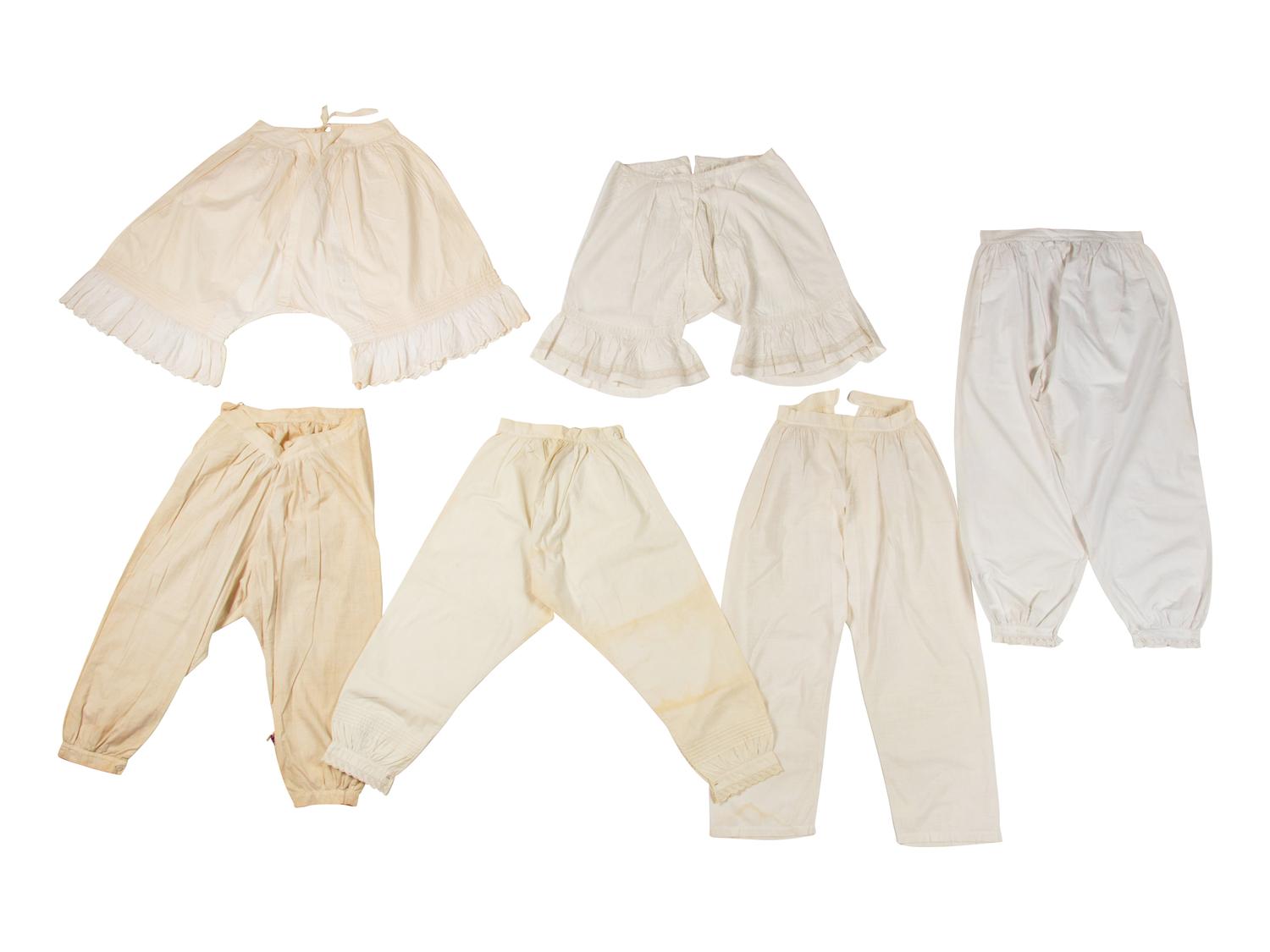 Collection of Six Cotton Drawers/Pantaloons and Two Petticoats, 1850-1860s