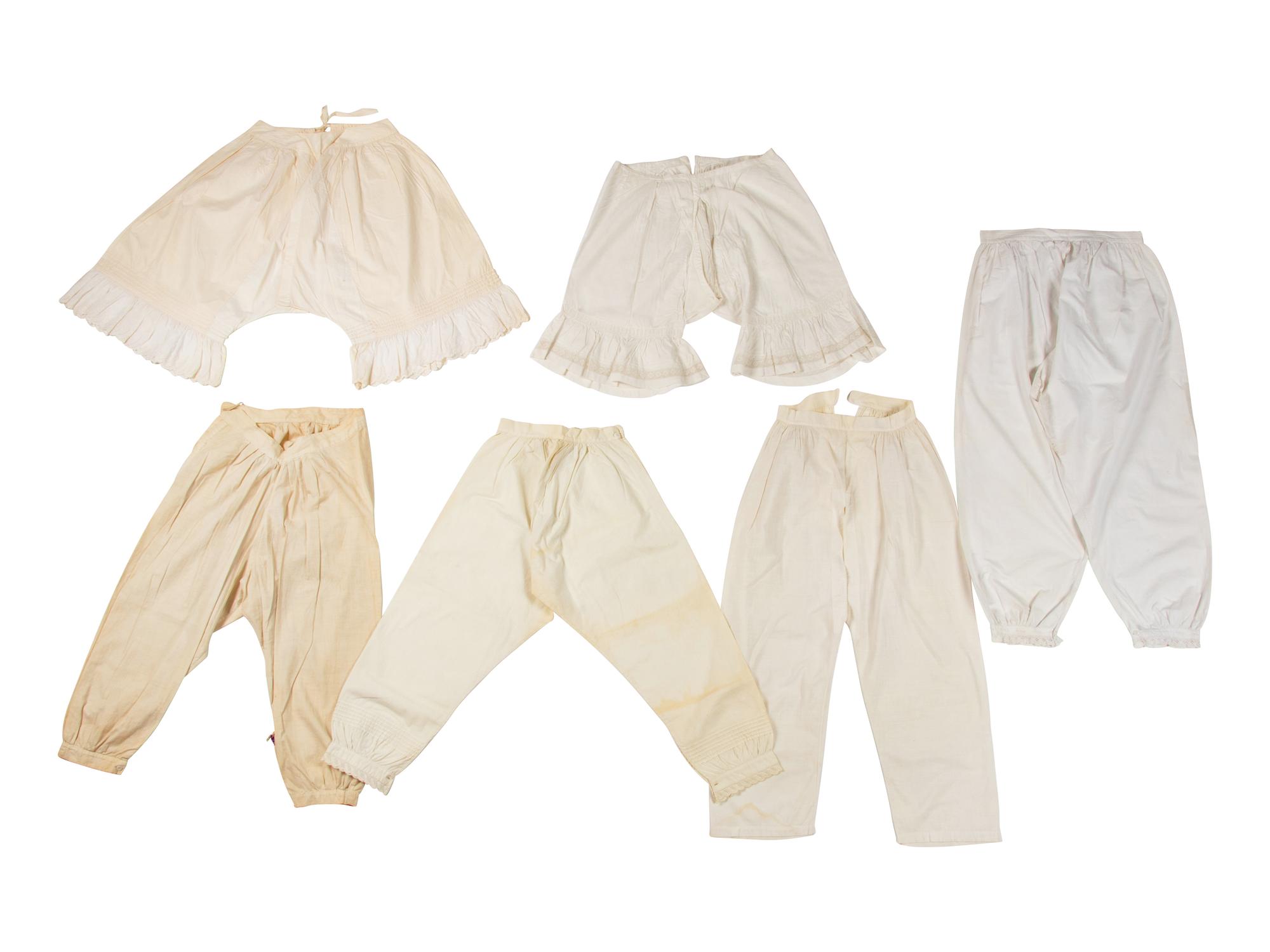 Collection of Six Cotton Drawers/Pantaloons and Two Petticoats, 1850-1860s