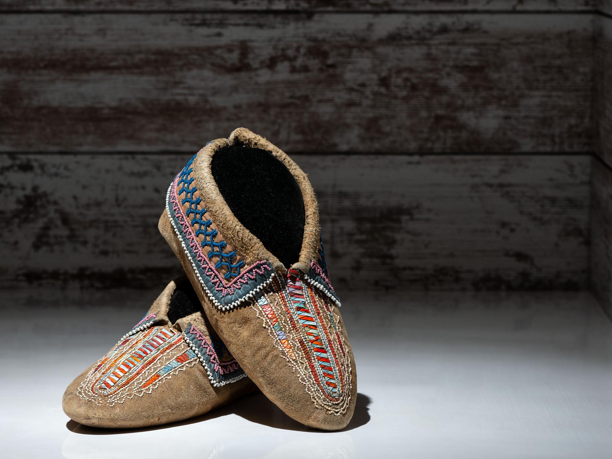 Haudenosaunee Beaded and Quilled Hide Moccasins