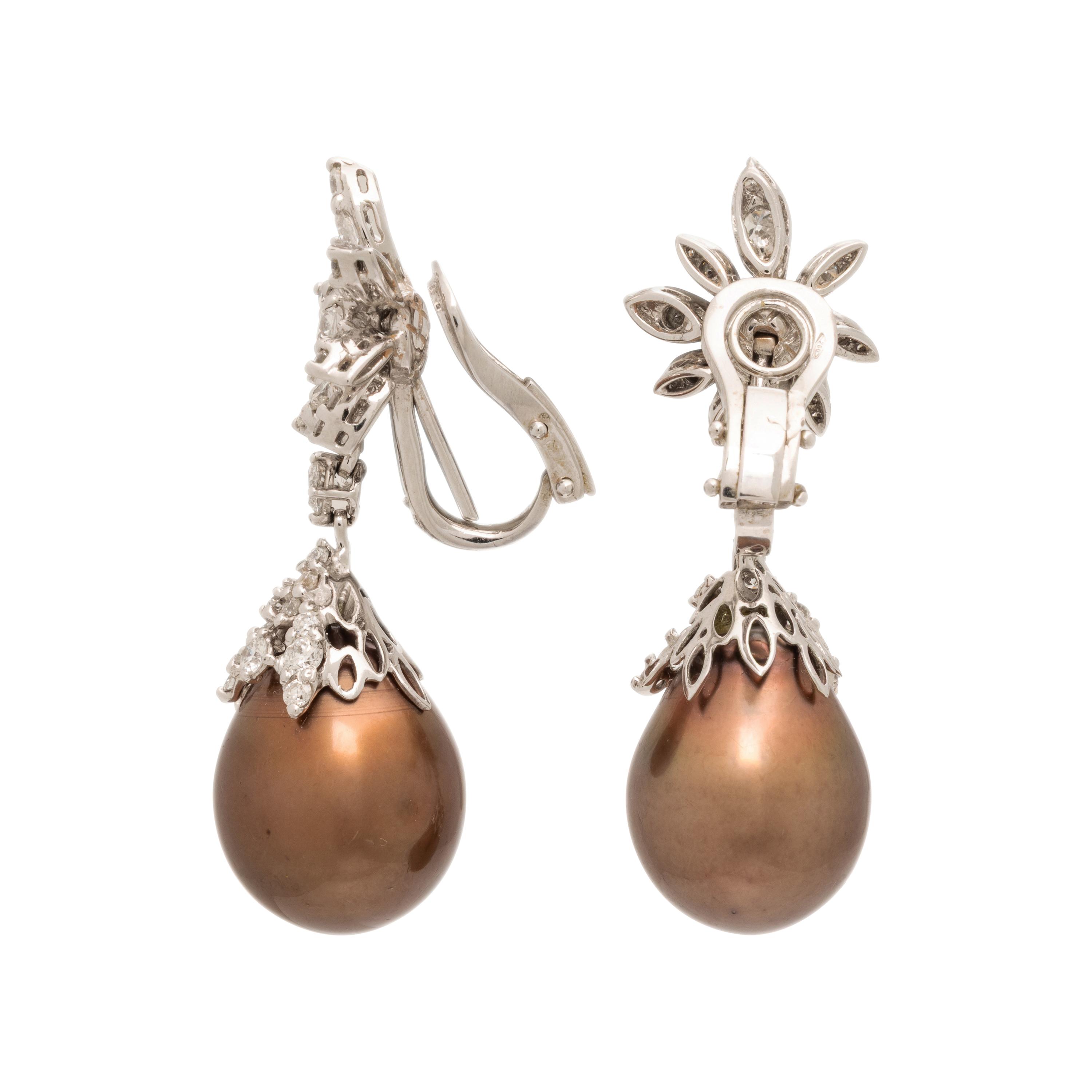 Cultured Pearl, Diamond, and White Gold Earrings