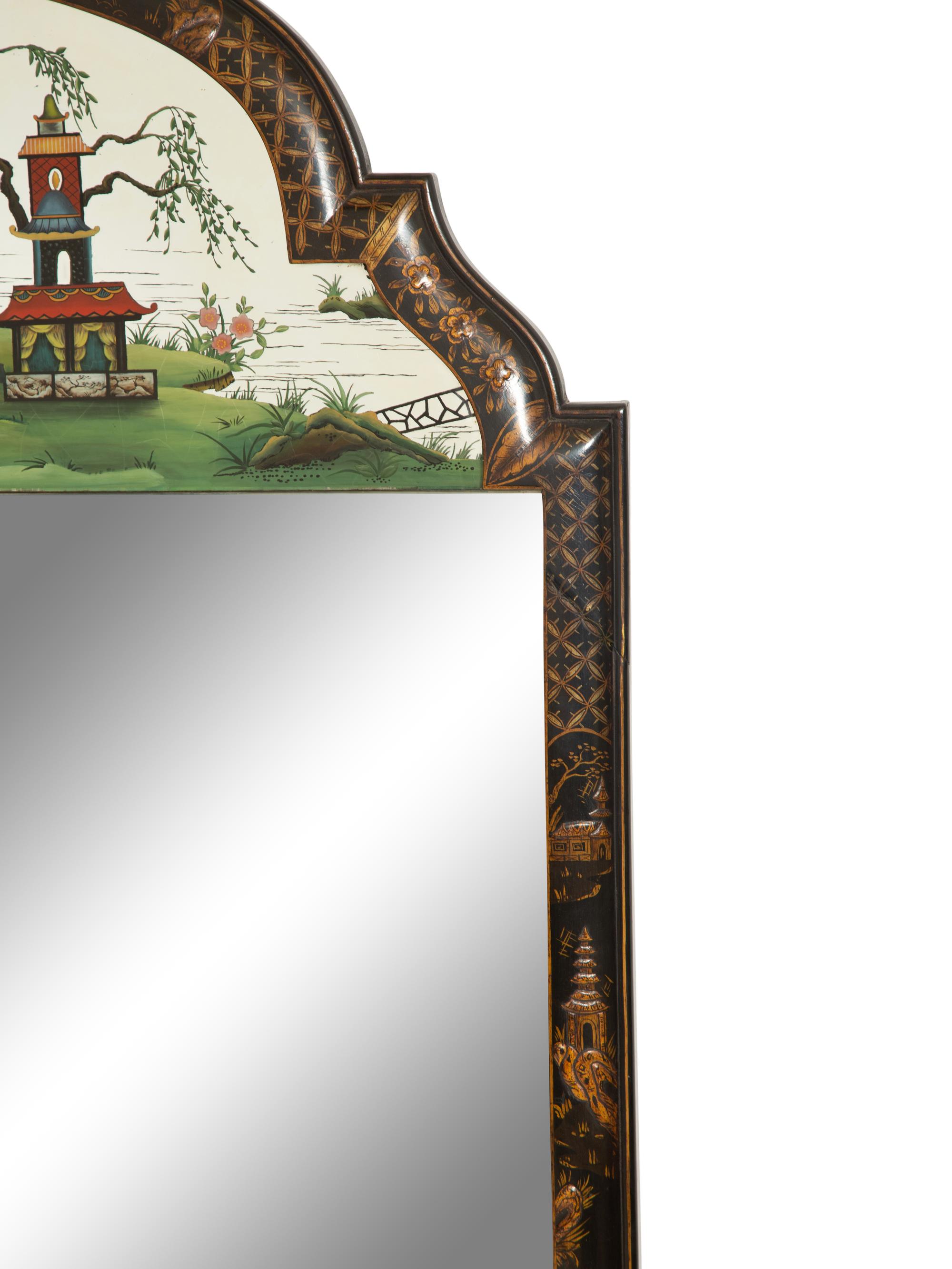 A Regency Style Black Lacquer Chinoiserie Framed Mirror with Reverse Painted Panel