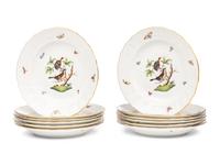 A Set of Twelve Herend Rothschild Bird Porcelain Pasta Plates
