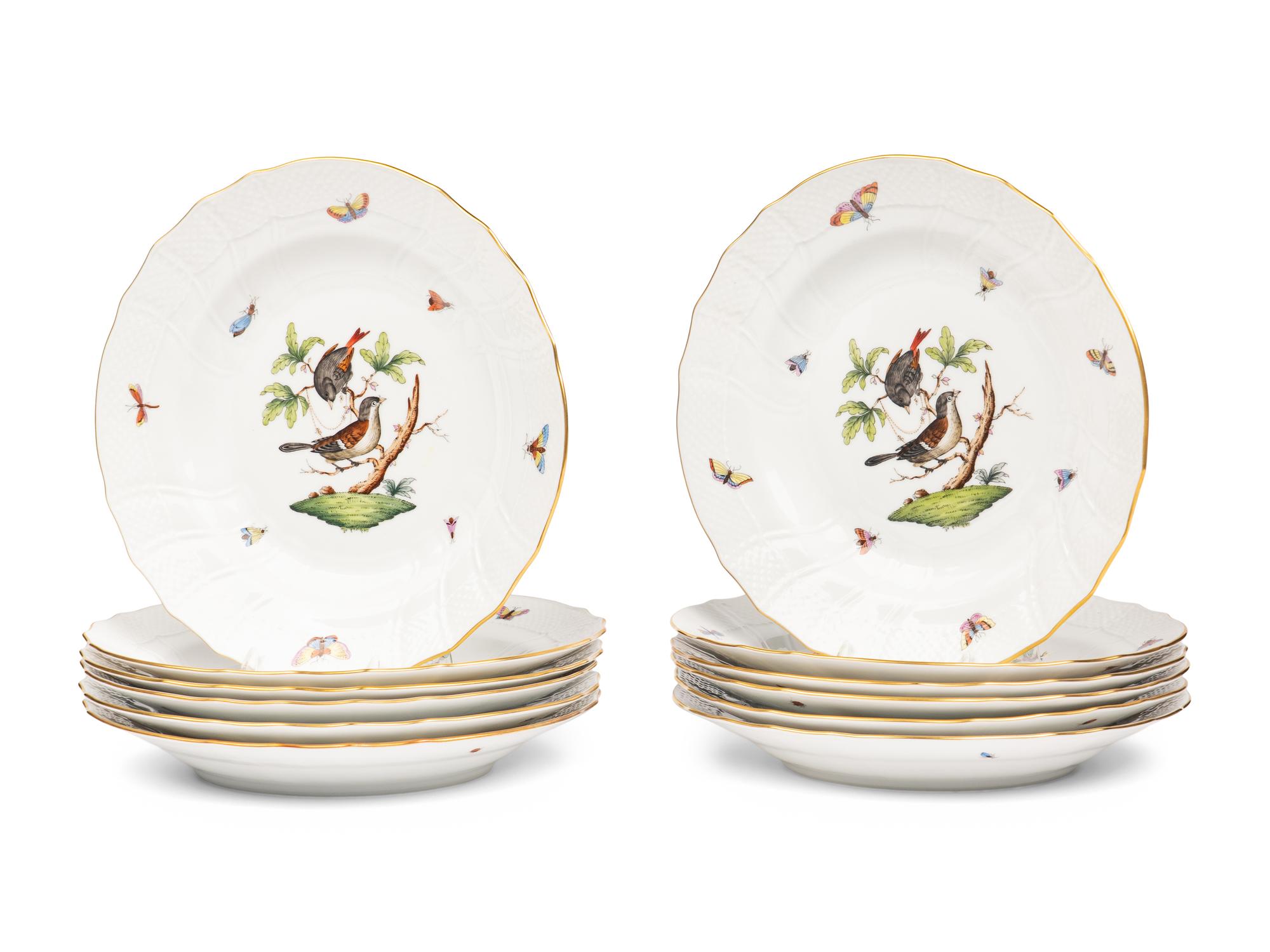 A Set of Twelve Herend Rothschild Bird Porcelain Pasta Plates