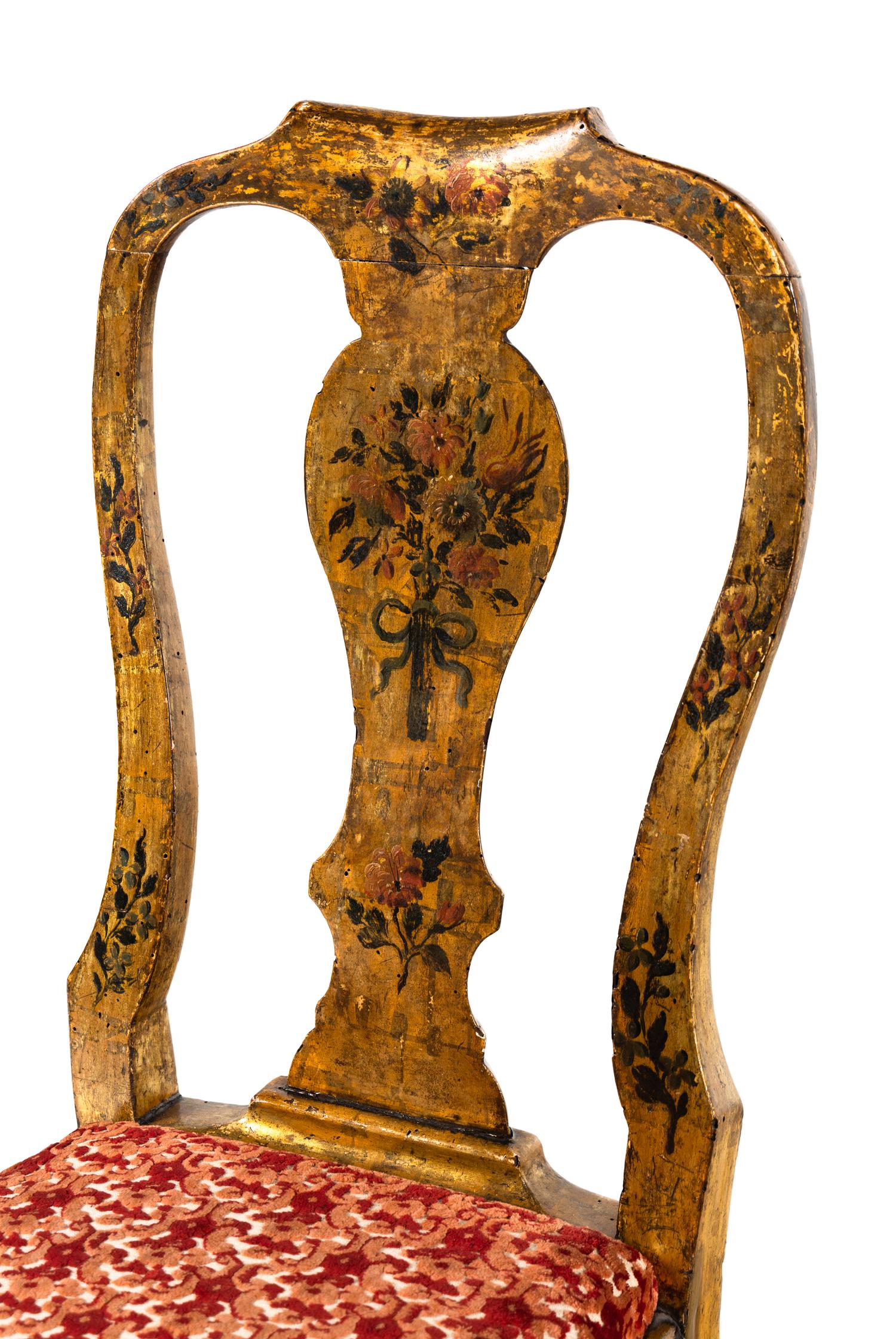 A Pair of North Italian Yellow and Polychrome Painted Side Chairs