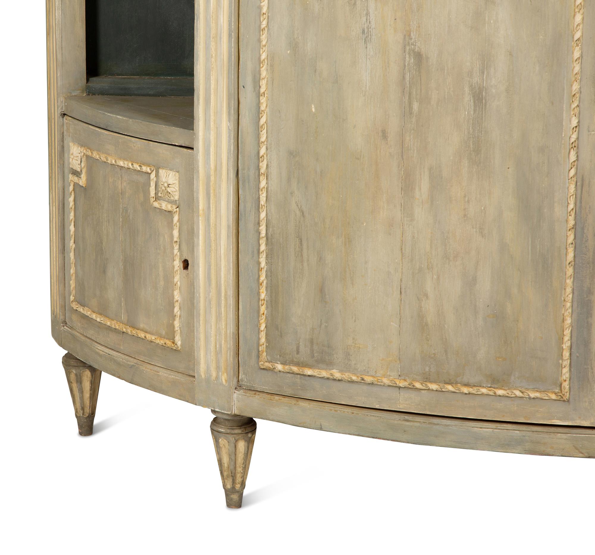 A Louis XVI Style Grey-Painted Marble-Top Demilune Cabinet